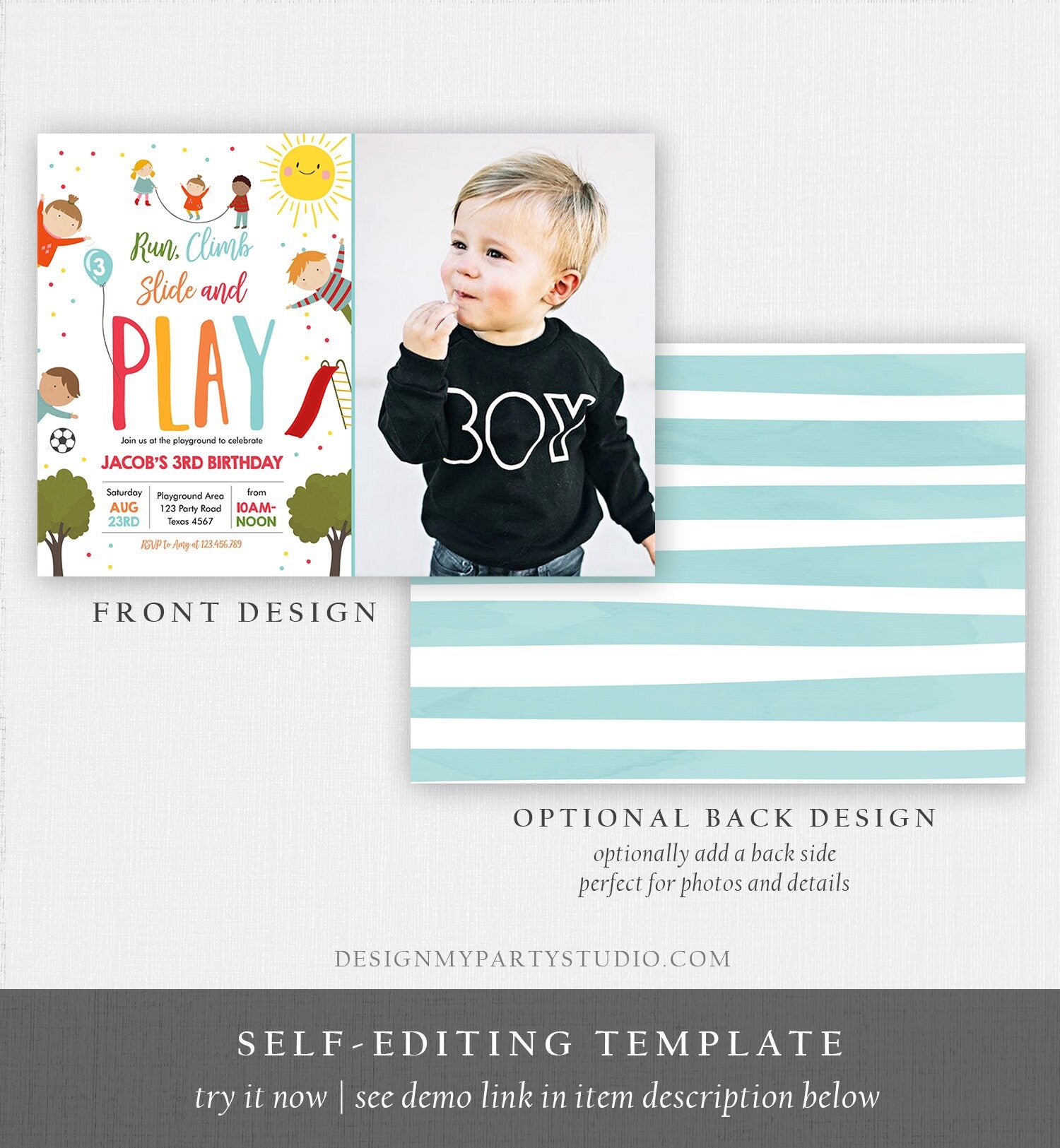 Editable Playground Birthday Invitation Party In The Park Boy Blue Run Climb Slide and Play Download Printable Template Corjl Digital 0327