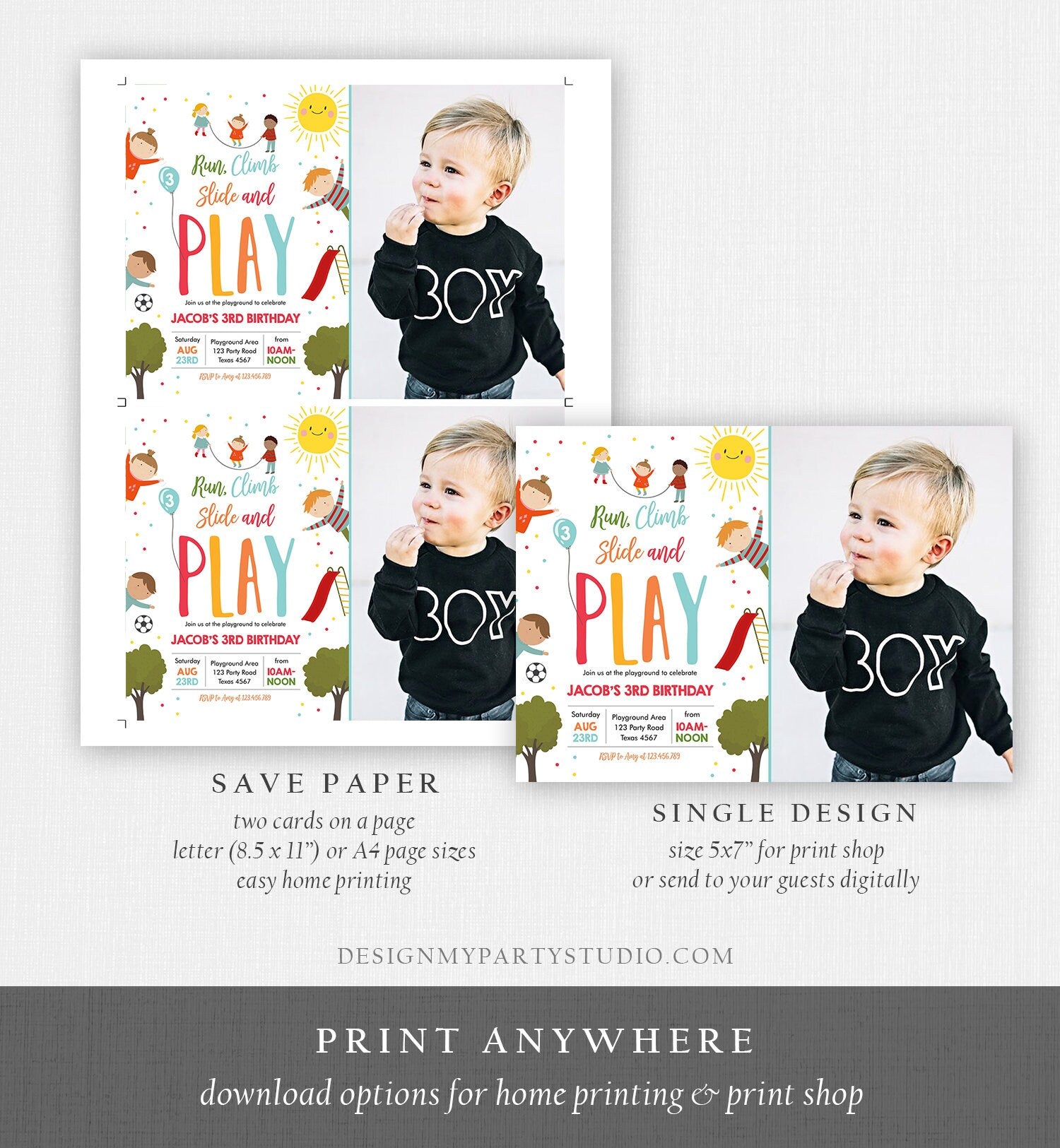 Editable Playground Birthday Invitation Party In The Park Boy Blue Run Climb Slide and Play Download Printable Template Corjl Digital 0327