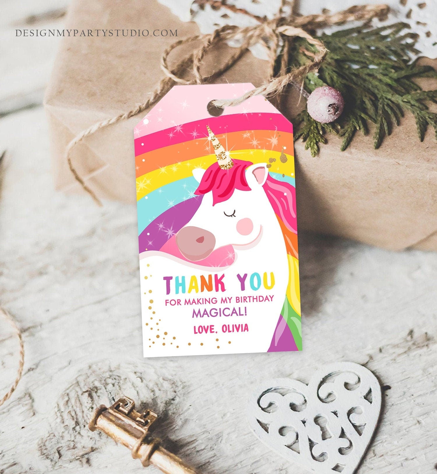 Editable Unicorn Favor Tags Unicorn Magical Birthday Thank you tags Label Rainbow Birthday Gift Tags Pink gold Template PRINTABLE Corjl 0323