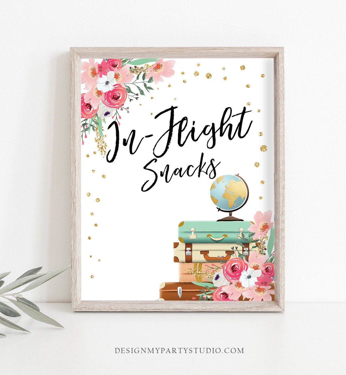 In-Flight Snacks Sign Traveling to Mrs Travel Adventure Bridal Shower Wedding Pink Floral Suitcase Gold Confetti Download Printable 0030