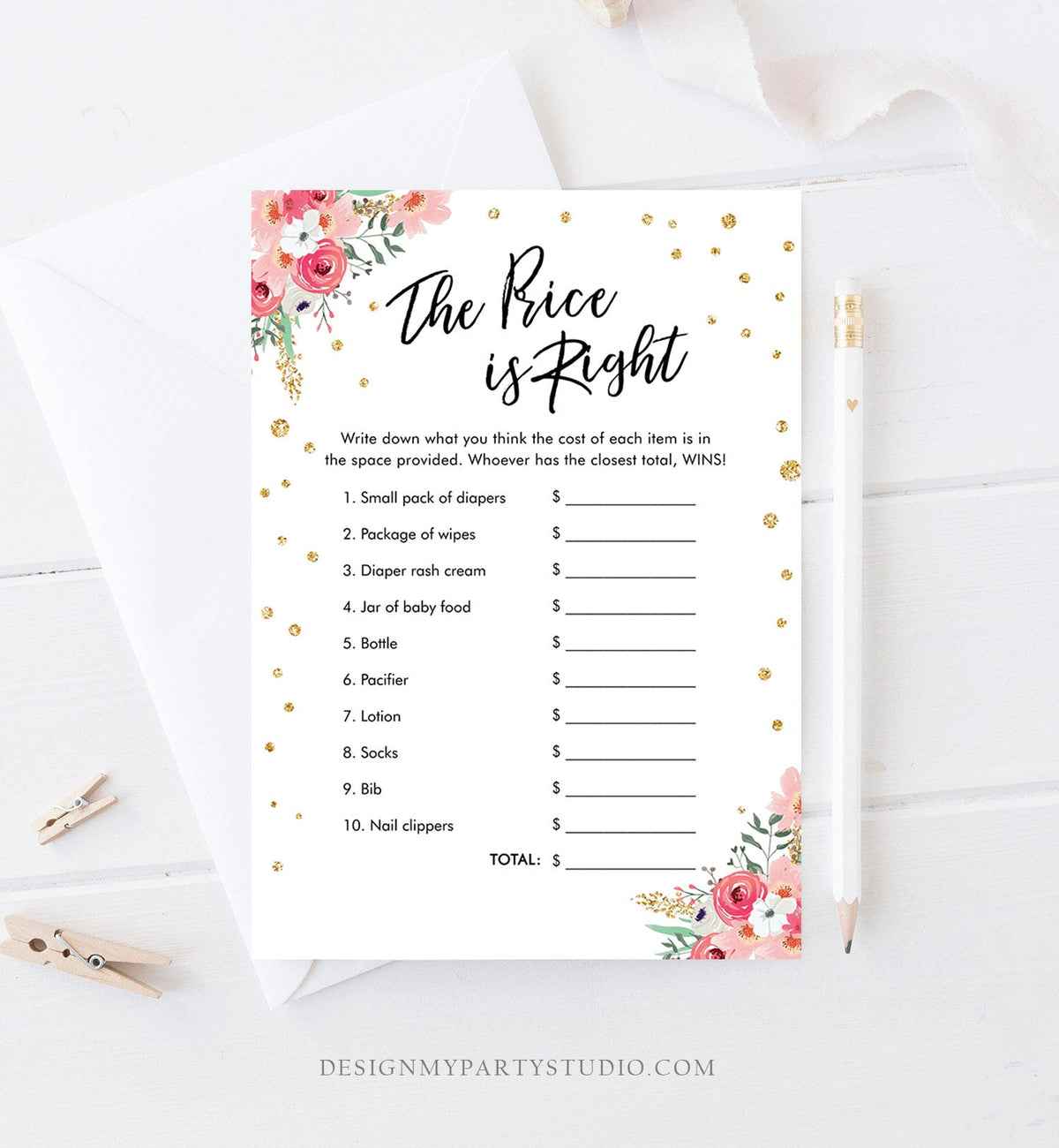 Editable The Price is Right Baby Shower Game Travel Adventure Begins Pink Floral Gold Confetti Shower Activity Corjl Template Printable 0030