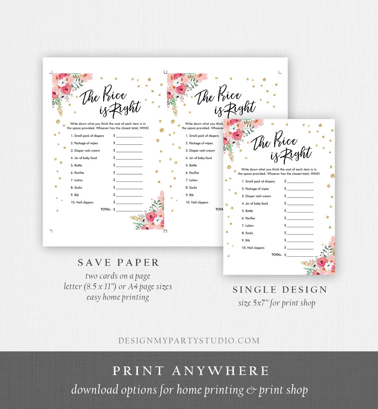 Editable The Price is Right Baby Shower Game Travel Adventure Begins Pink Floral Gold Confetti Shower Activity Corjl Template Printable 0030