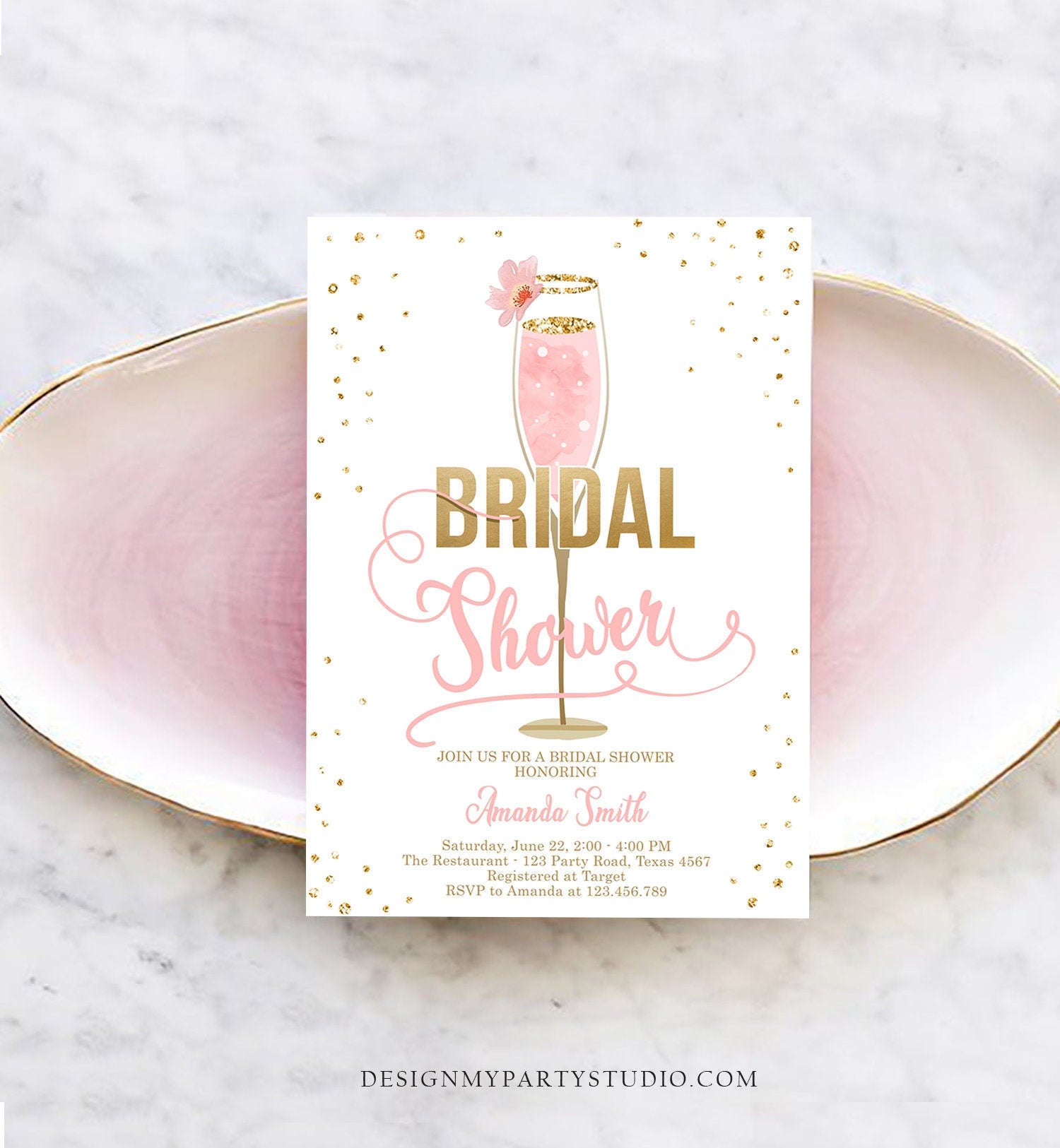 Editable Brunch and Bubbly Bridal Shower Invitation Floral Champagne Gold Pink Wedding Download Printable Template Digital Corjl 0150