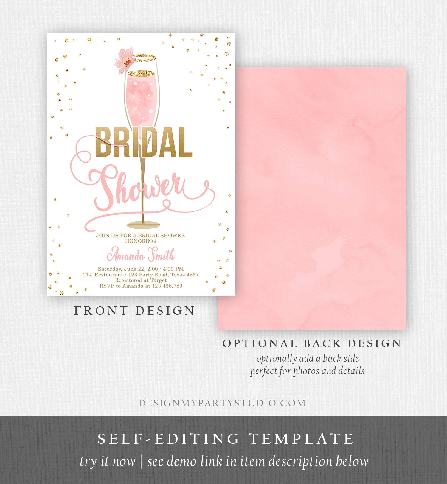 Editable Brunch and Bubbly Bridal Shower Invitation Floral Champagne Gold Pink Wedding Download Printable Template Digital Corjl 0150