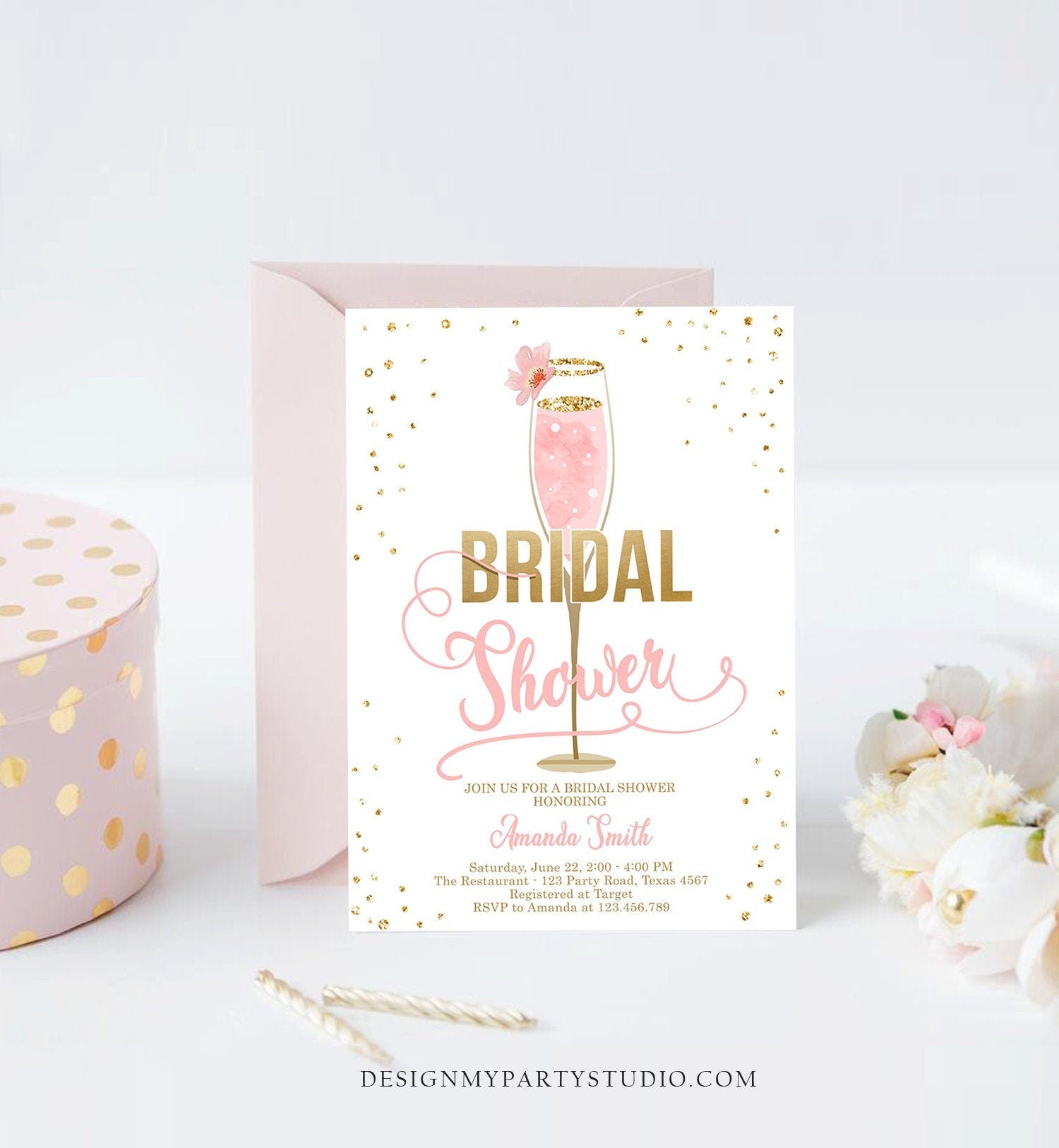 Editable Brunch and Bubbly Bridal Shower Invitation Floral Champagne Gold Pink Wedding Download Printable Template Digital Corjl 0150