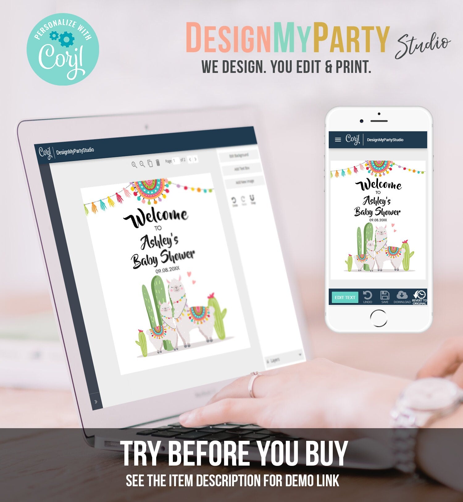 Editable Llama Welcome Sign Llama Baby Shower Welcome Baby Sprinkle Cactus Theme Fiesta Mexican Succulent Digital Template Printable 0079