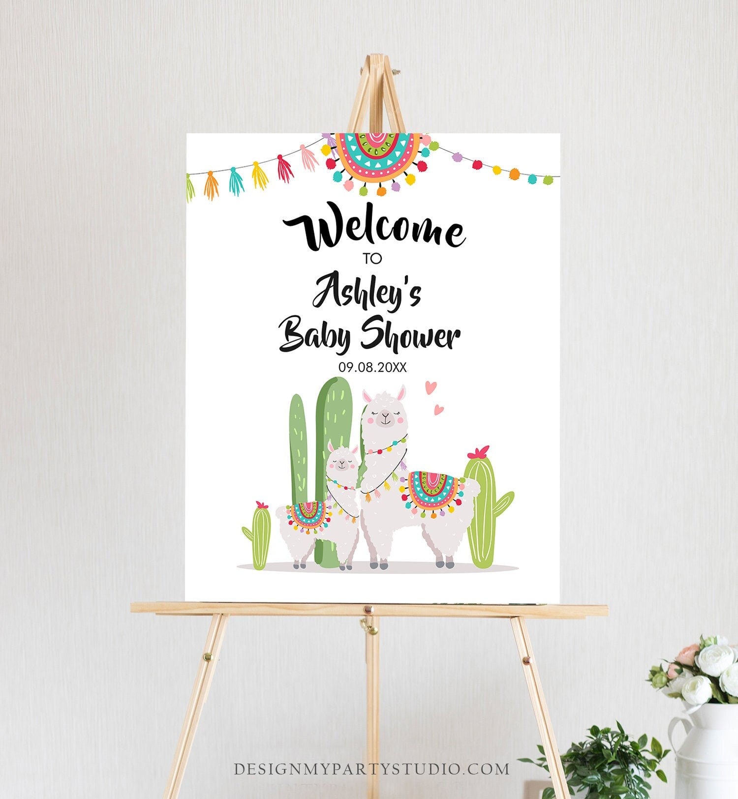 Editable Llama Welcome Sign Llama Baby Shower Welcome Baby Sprinkle Cactus Theme Fiesta Mexican Succulent Digital Template Printable 0079