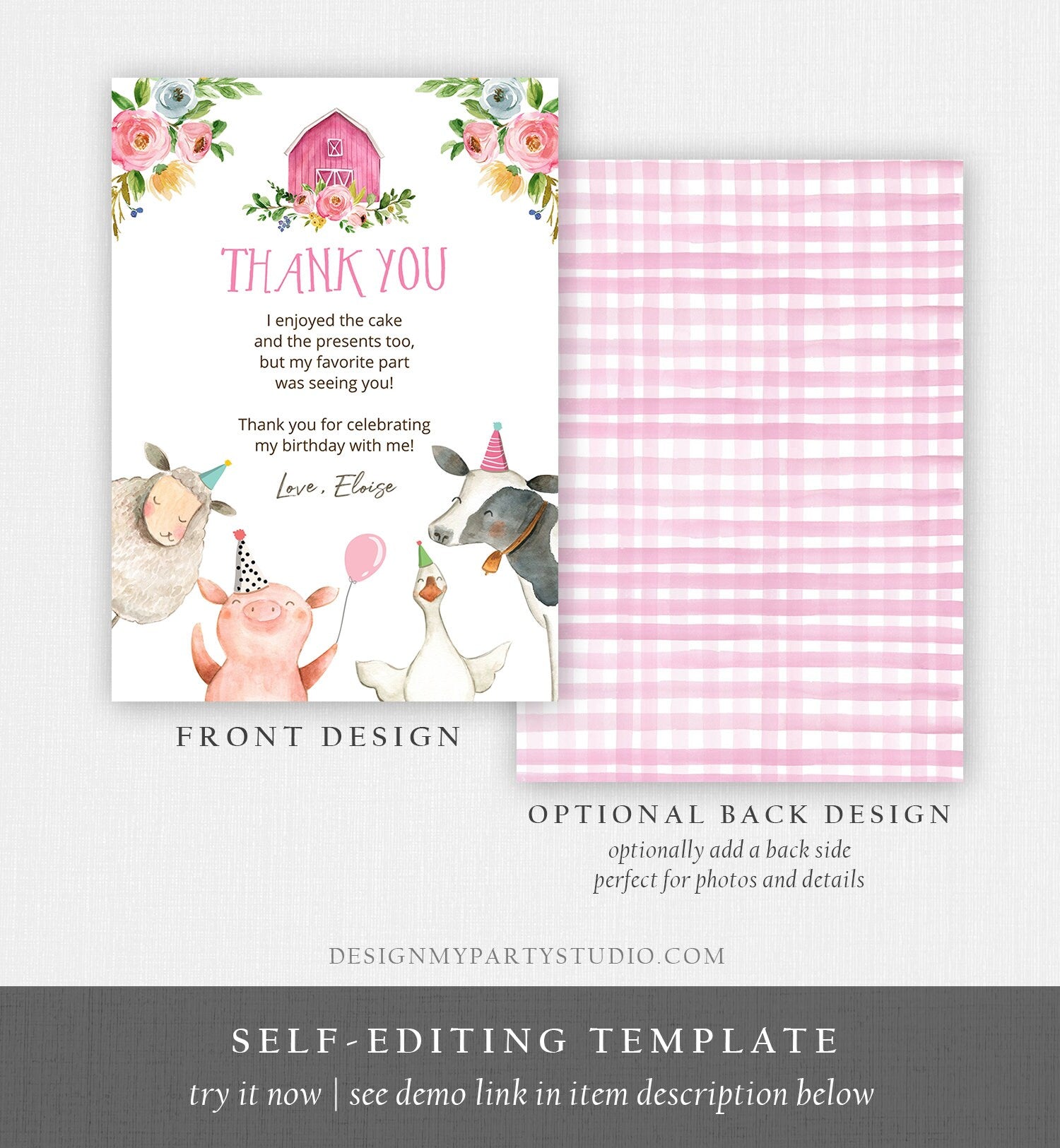 Editable Farm Animals Thank You Card Note Pink Gingham Girl Barnyard Party Party Animals Digital Download Template Printable 0155