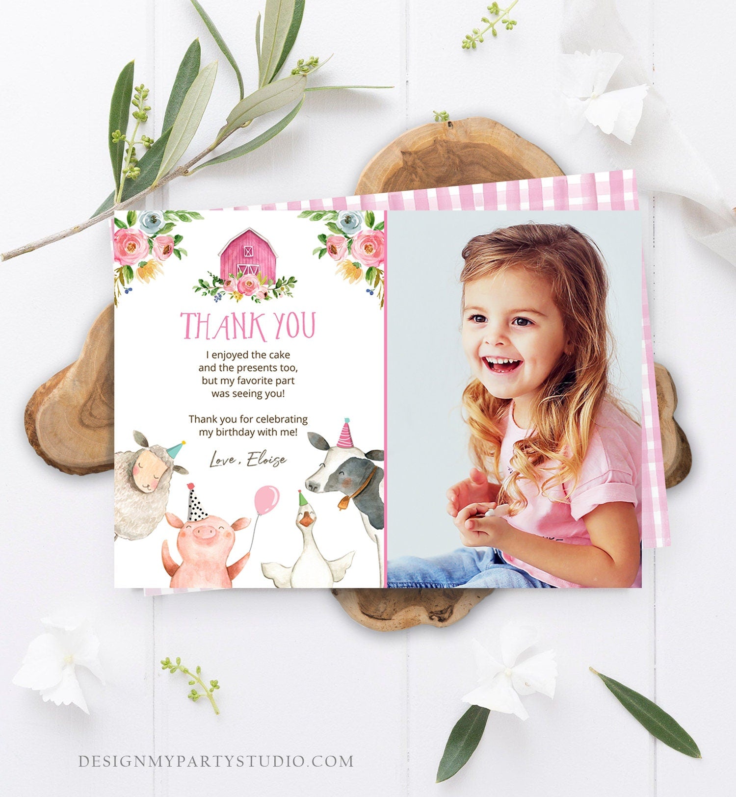 Editable Farm Animals Thank You Card Pink Gingham Farm Birthday Girl Barnyard Thank You Card Birthday Template Instant Download Corjl 0155