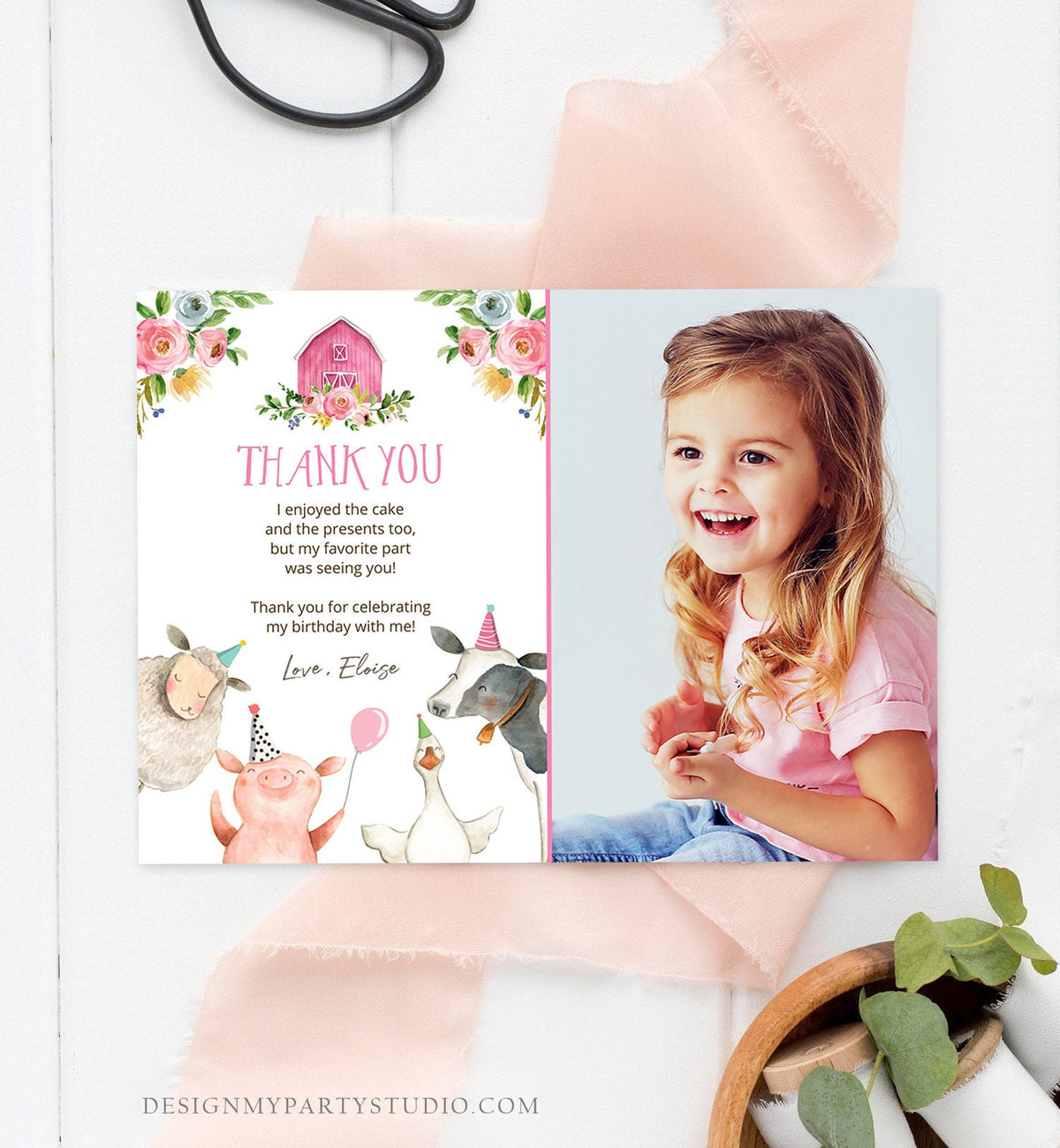 Editable Farm Animals Thank You Card Pink Gingham Farm Birthday Girl Barnyard Thank You Card Birthday Template Instant Download Corjl 0155