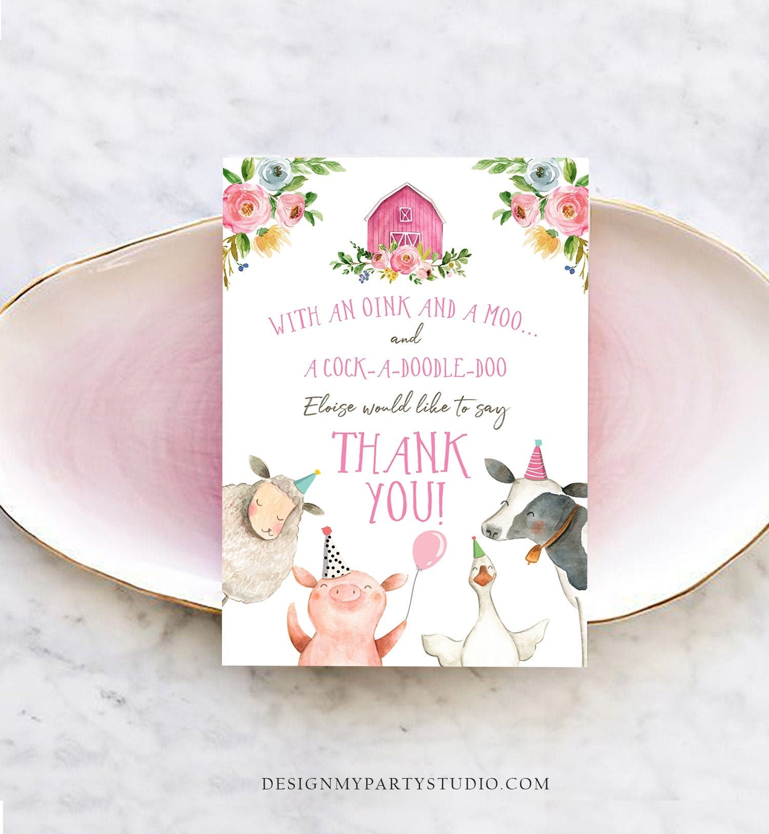 Editable Farm Animals Thank You Card Birthday Pink Gingham Party Animals Girl Barnyard Template Digital Download Printable 0155