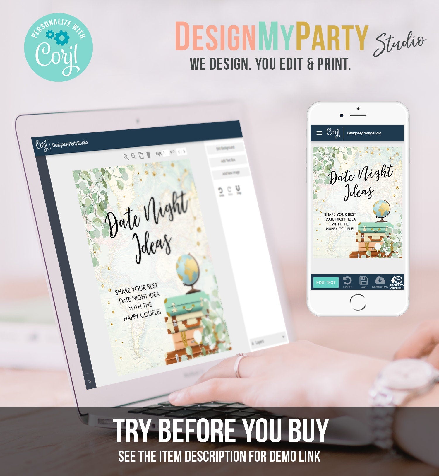 Editable Date Night Ideas Bridal Shower Game Eucalyptus Travel Adventure Greenery Gold Date Jar Sign Download Corjl Template Printable 0030