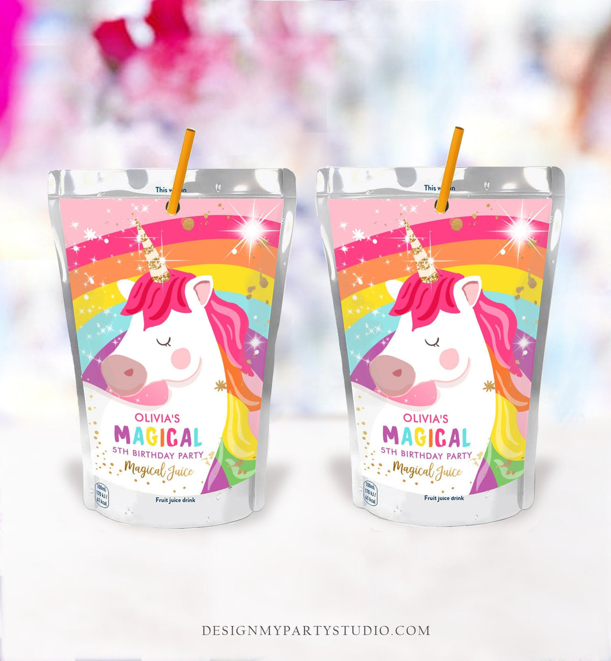 Editable Unicorn Juice Pouch Label Juice Favors Magical Unicorn Birthday Party Girl Pink Rainbow Digital Download Template Printable 0323