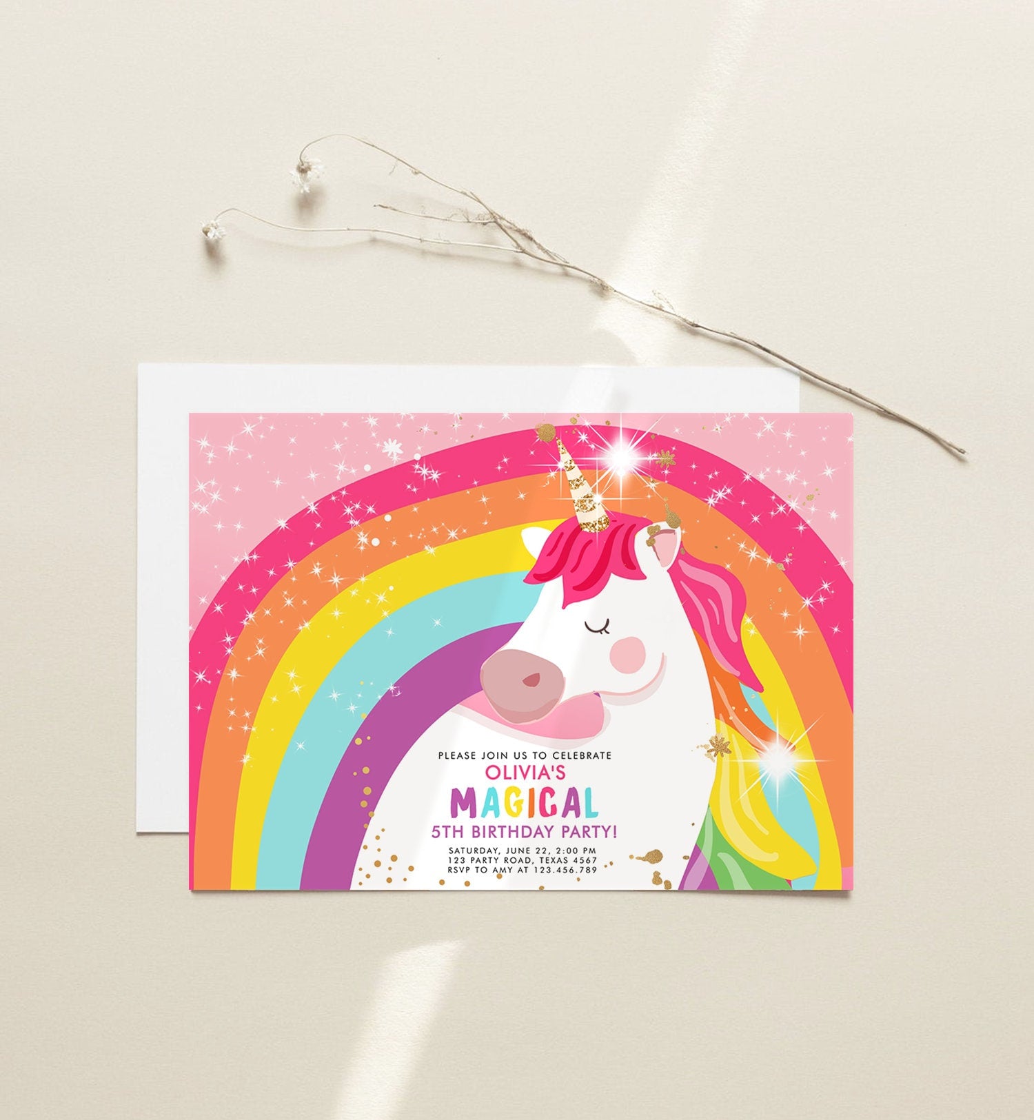 Editable Unicorn Birthday Invitation Magical Unicorn Party Girl Pink Gold Unicorn Invite Rainbow Printable Corjl Template Digital 0323