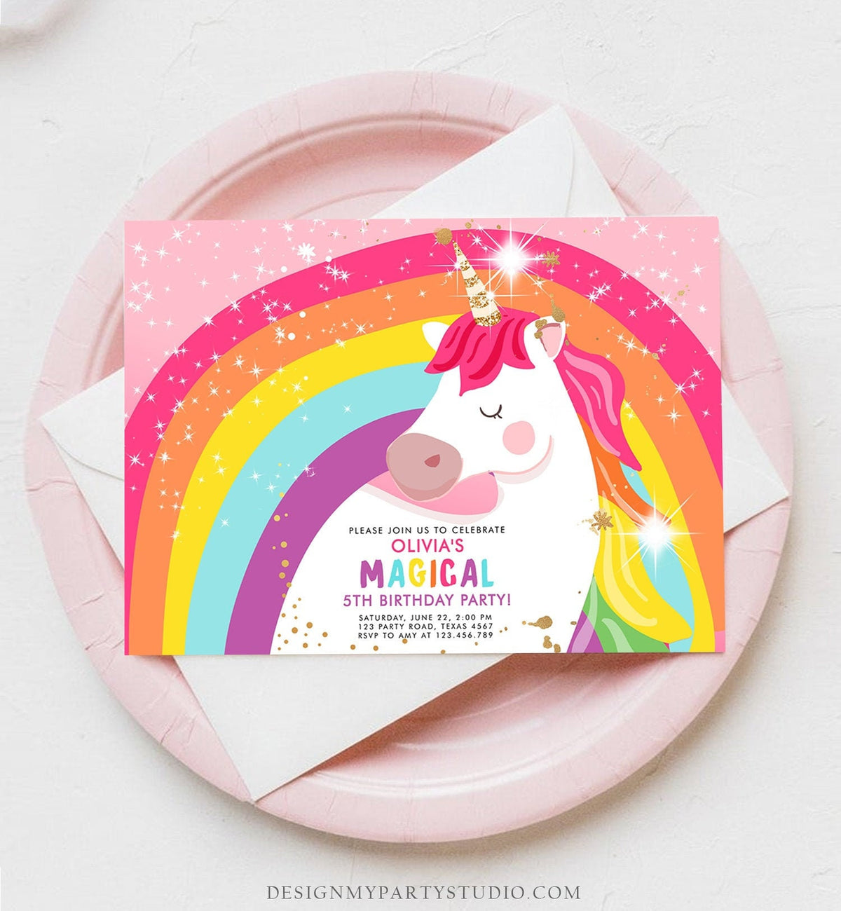 Editable Unicorn Birthday Invitation Magical Unicorn Party Girl Pink Gold Unicorn Invite Rainbow Printable Corjl Template Digital 0323