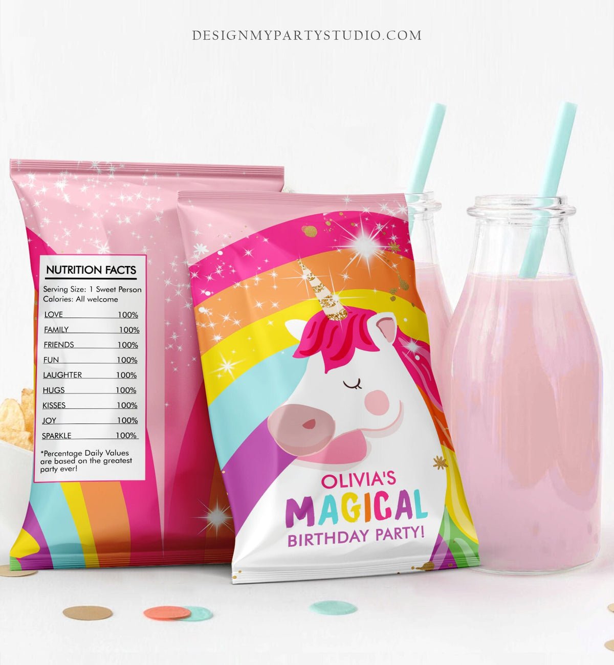 Editable Unicorn Chip Bag Magical Unicorn Birthday Party Decor Girl Rainbow Party Snack Unicorn Favors Gold Digital Download Template 0323