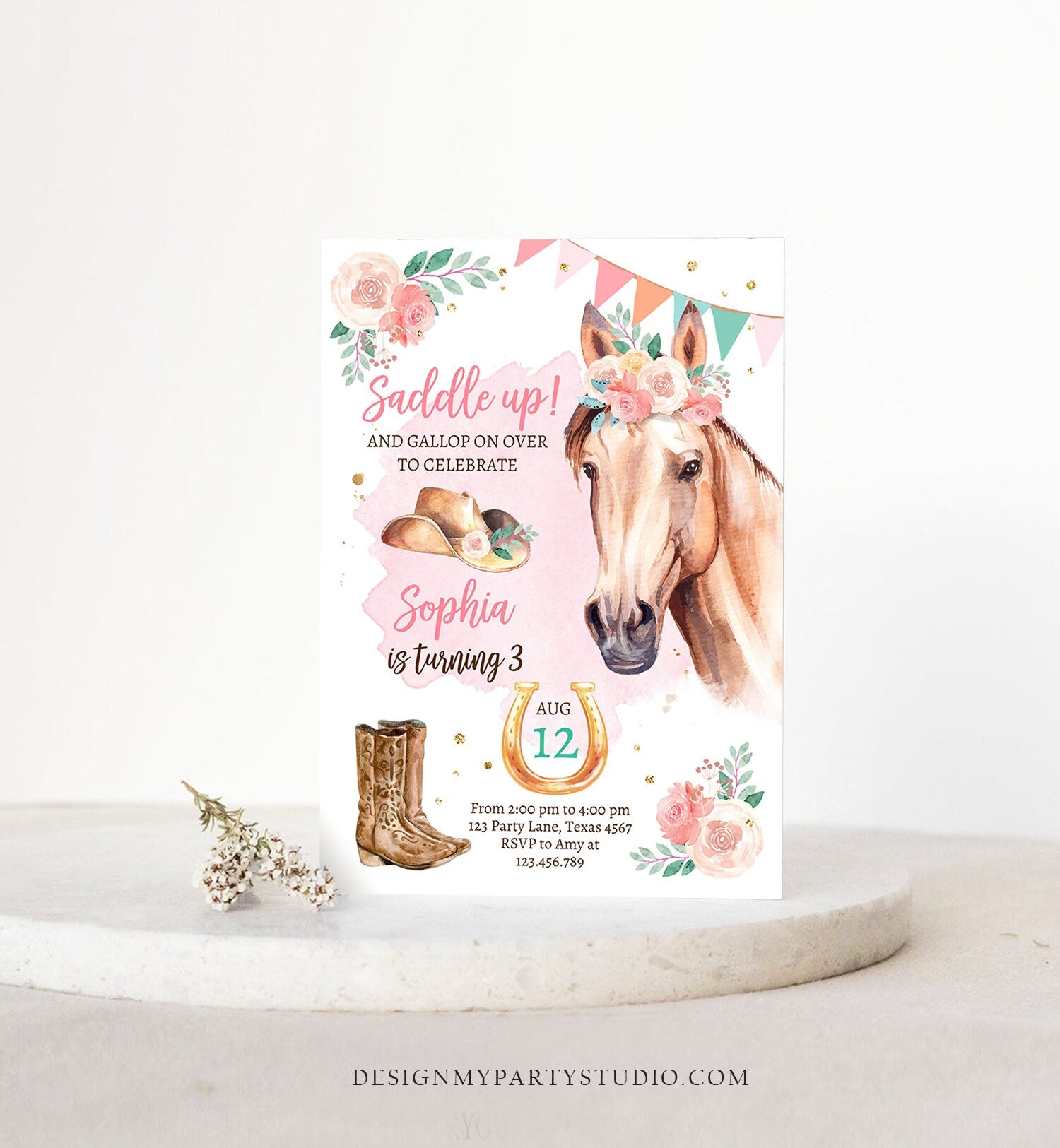 Editable Cowgirl Birthday Invitation Girl Saddle Up Watercolor Horse Party Horse Birthday Invite Pink Download Printable Template Corjl 0398