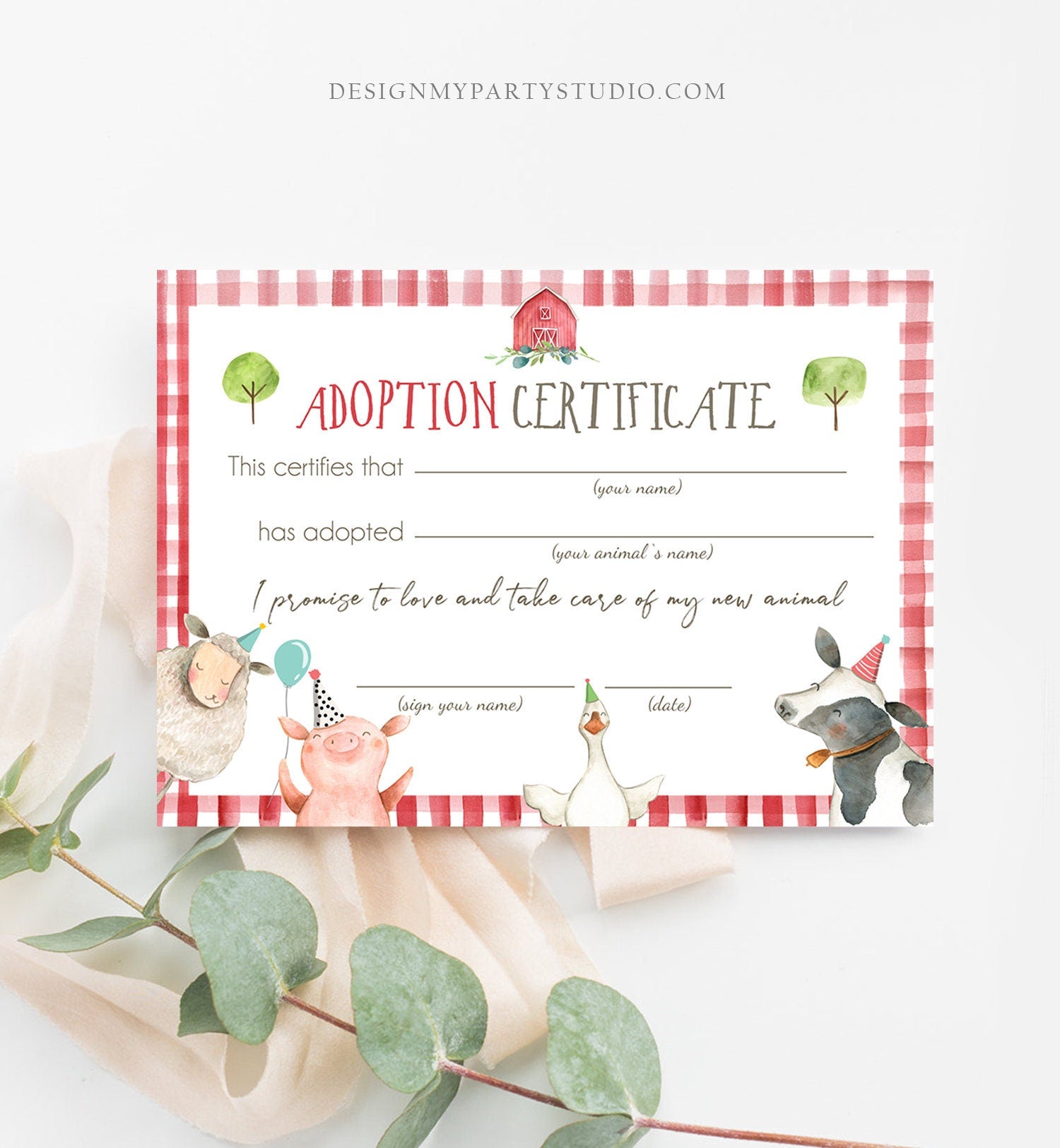 Adopt an Animal Adoption Certificate Farm Animals Adoption Red Barn Farm Birthday Party Barnyard Boy Download Digital PRINTABLE 0155