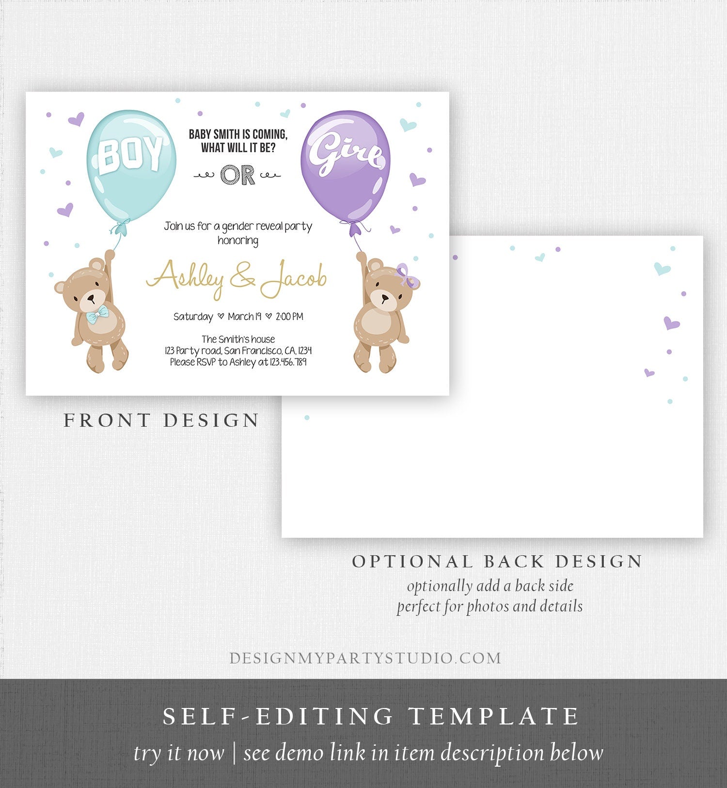 Editable Gender Reveal Invitation Teddy Bear Boy or Girl Blue Purple Violet Lavender He or She Bear Download Printable Template Corjl 0025