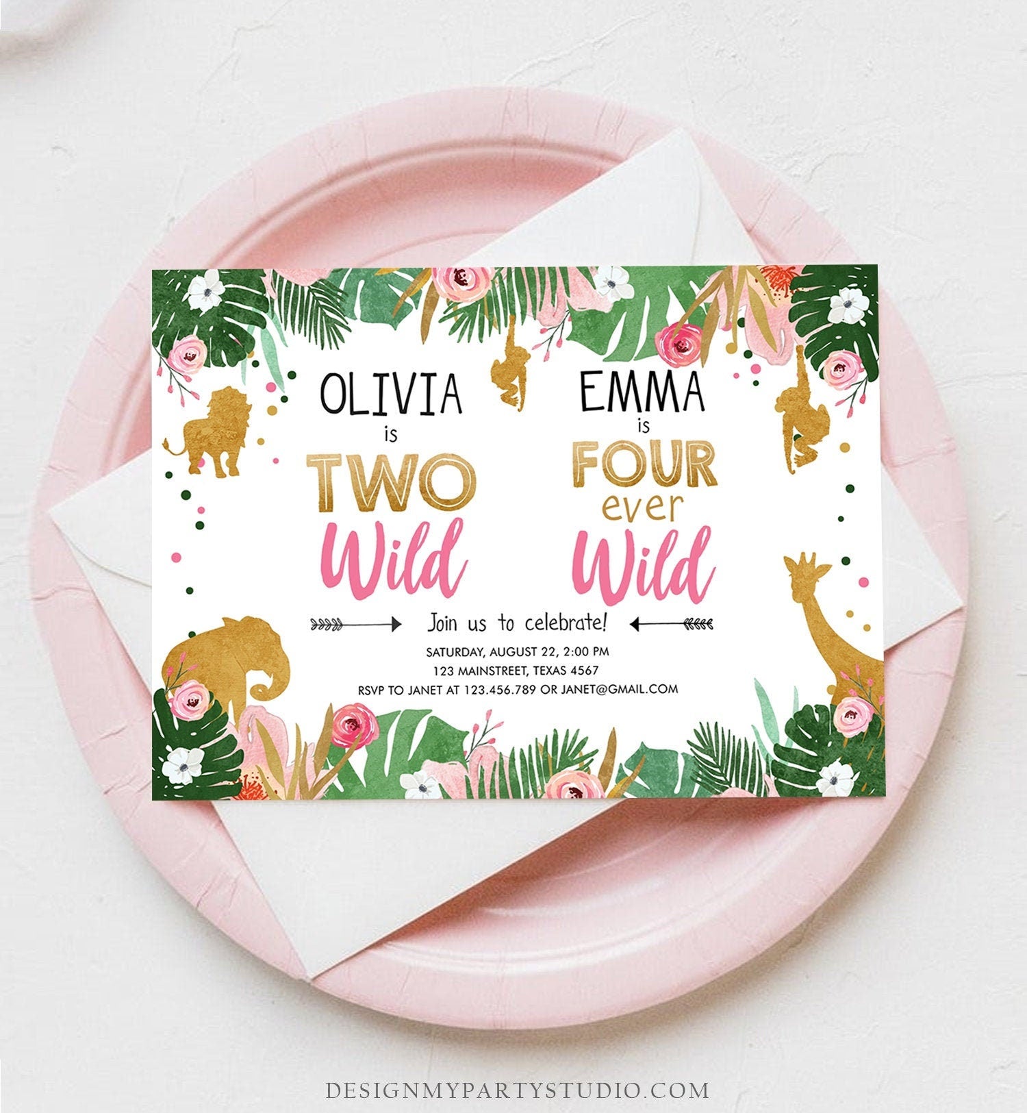 Editable Two Wild Four Ever Wild Birthday Invitation Safari Animals Girl Pink Gold Coed Dual Combined Party Corjl Template Printable 0016