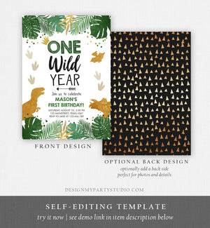 Editable One Wild Year Birthday Invitation Gold Dinosaur Dino Party Boy First Birthday 1st Wild One Party Corjl Template Printable 0146