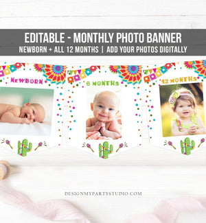 Editable Fiesta Monthly Photo Banner First Birthday Banner Boy Girl Fiesta Birthday Mexican Cactus Maraca Decor Summer Corjl Template 0045