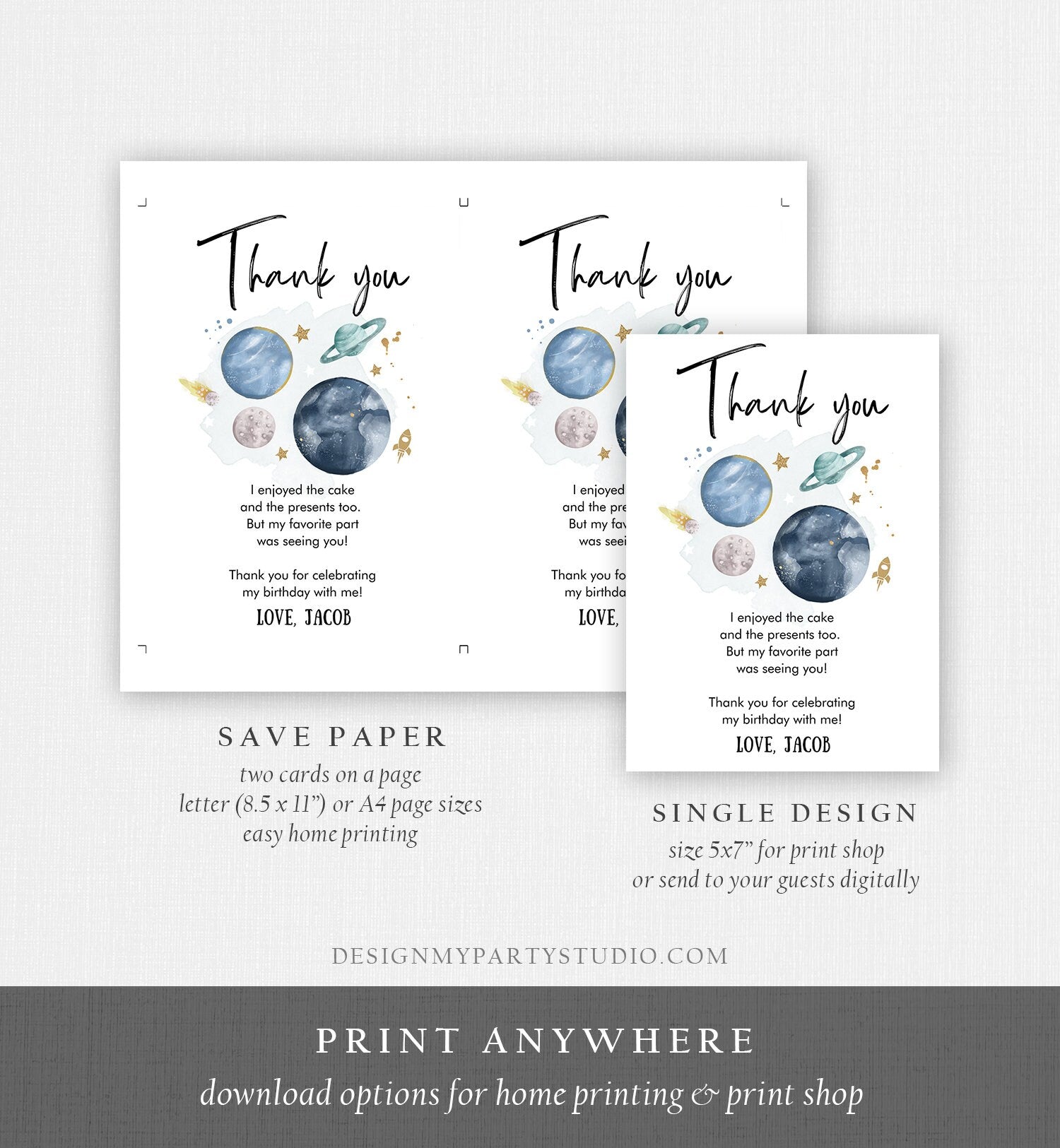 Editable Outer Space Birthday Thank You Card Space Astronaut To the Moon Galaxy Thank You Note Digital Download Template Printable 0357