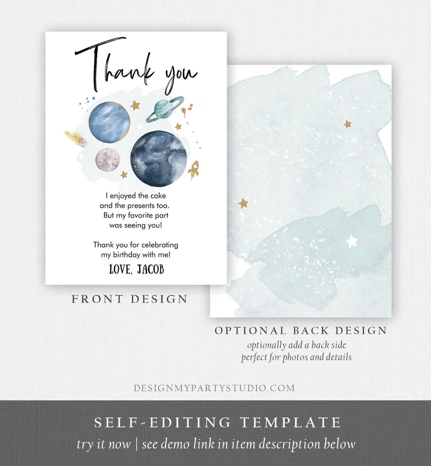 Editable Outer Space Birthday Thank You Card Space Astronaut To the Moon Galaxy Thank You Note Digital Download Template Printable 0357