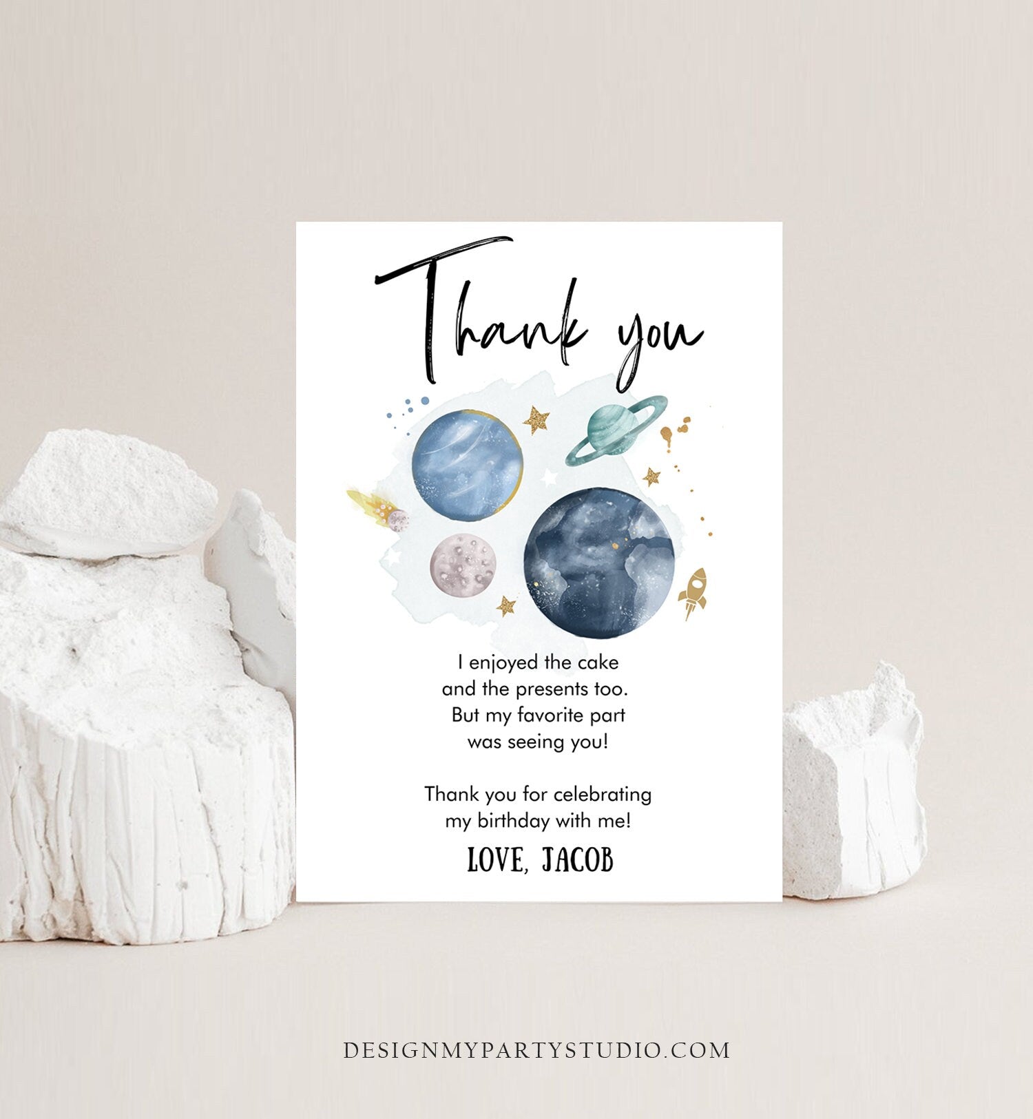 Editable Outer Space Birthday Thank You Card Space Astronaut To the Moon Galaxy Thank You Note Digital Download Template Printable 0357