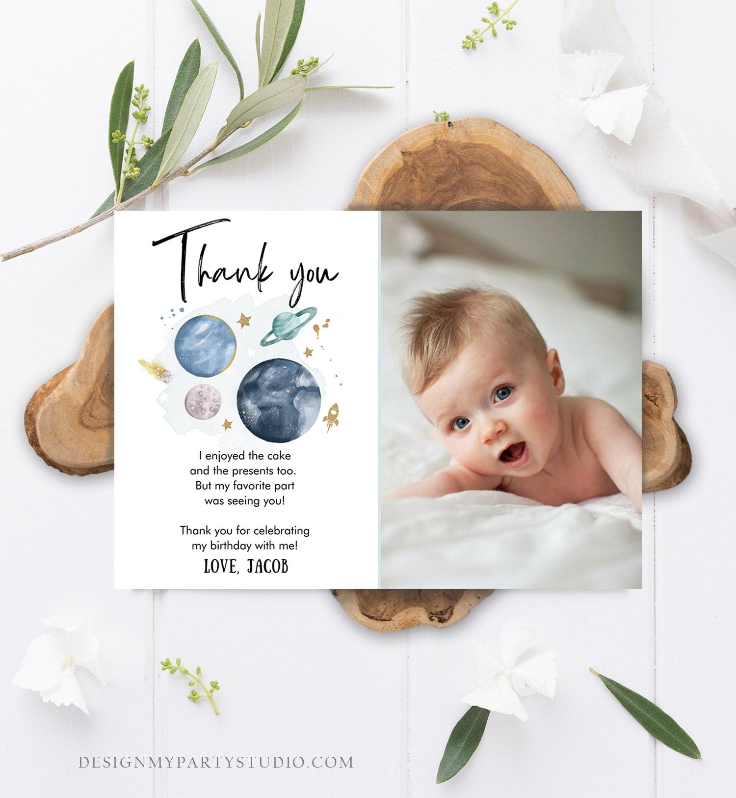 Editable Space Birthday Thank You Card Space Astronaut To the Moon Galaxy Thank You Note Digital Download Template Printable 0357