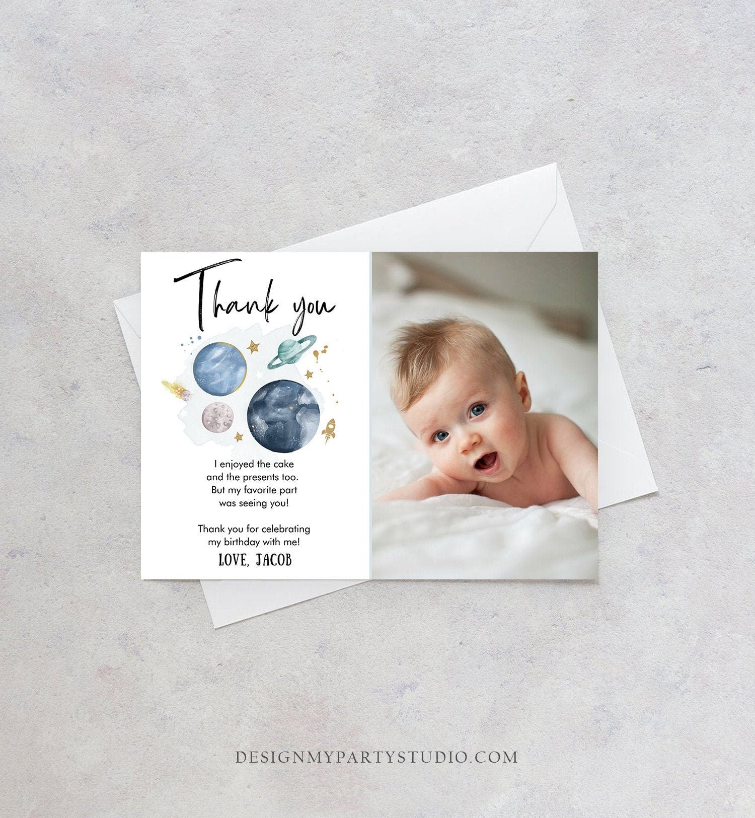 Editable Space Birthday Thank You Card Space Astronaut To the Moon Galaxy Thank You Note Digital Download Template Printable 0357