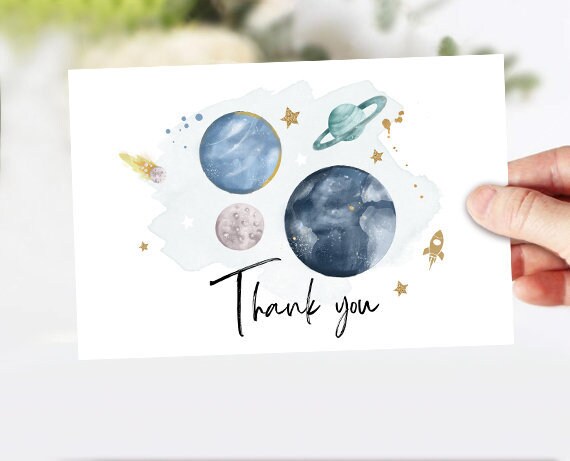 Space Thank you Card Galaxy Thank You Note 4x6&quot; Rustic Watercolor Boy Birthday Blue Two The Moon First Trip Instant Download Printable 0357