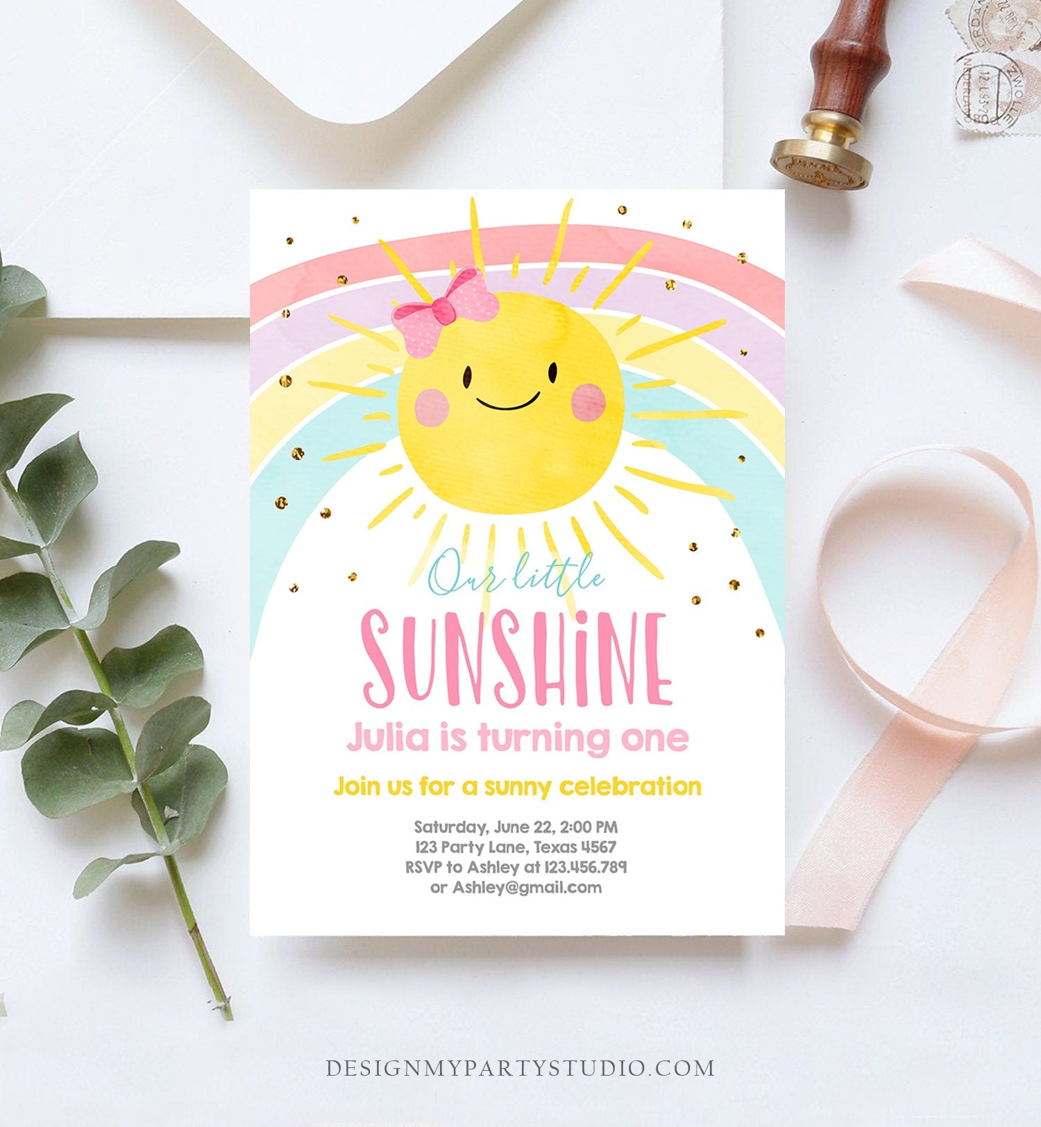 Editable Sunshine and Rainbow Birthday Invitation Pastel Rainbow Birthday Sunshine 1st Birthday Party Girl Download Corjl Template 0402