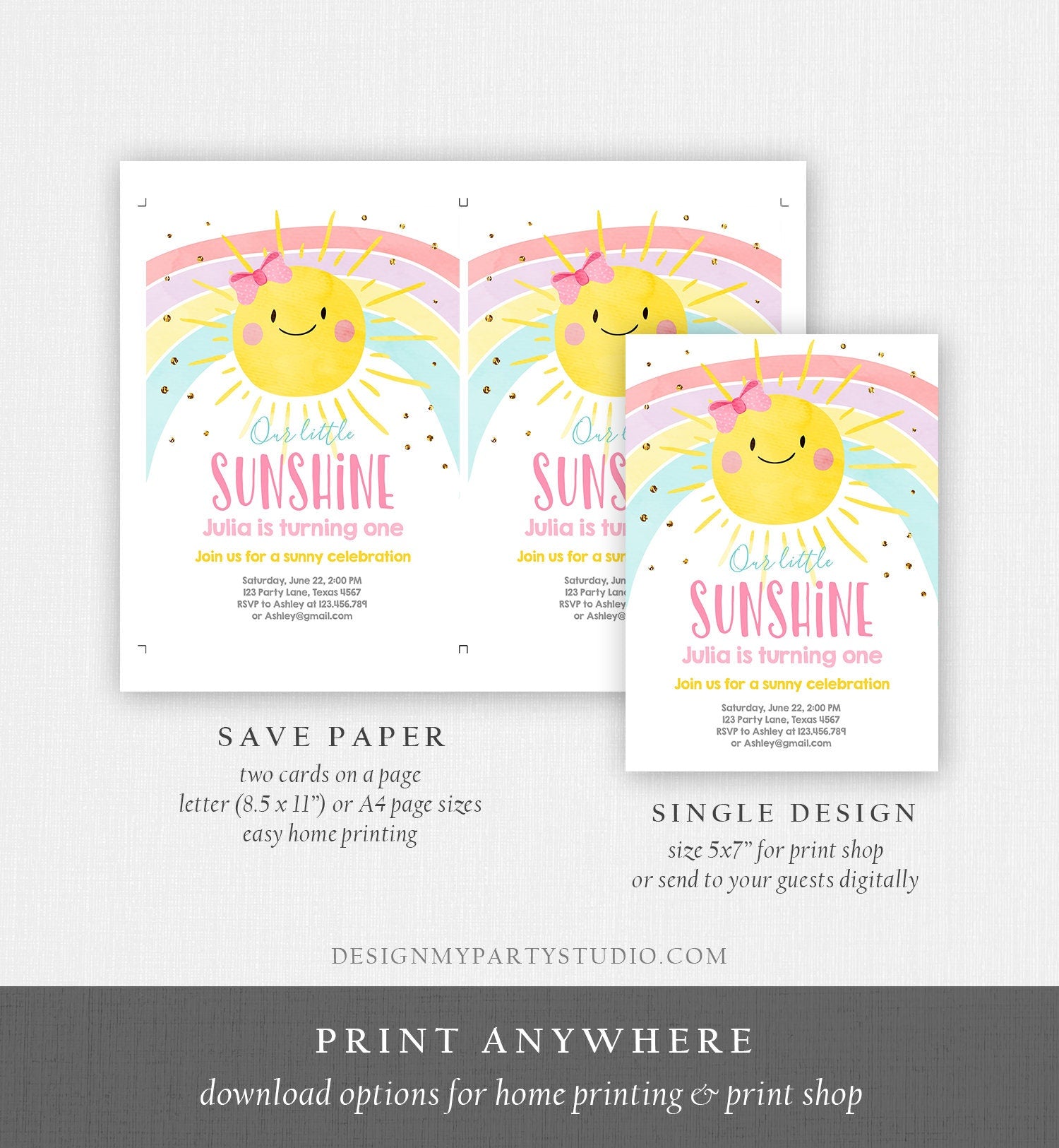 Editable Sunshine and Rainbow Birthday Invitation Pastel Rainbow Birthday Sunshine 1st Birthday Party Girl Download Corjl Template 0402