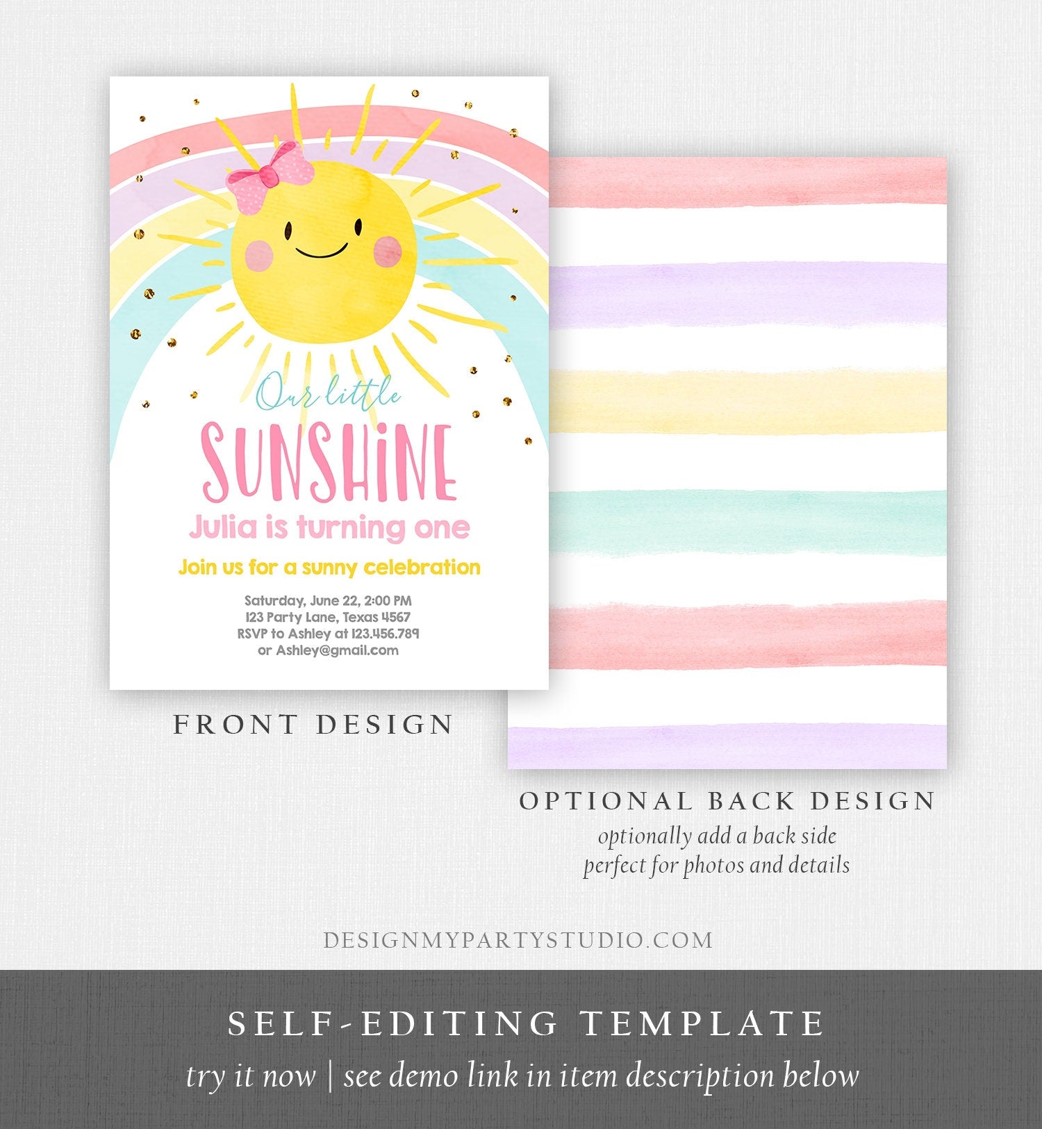 Editable Sunshine and Rainbow Birthday Invitation Pastel Rainbow Birthday Sunshine 1st Birthday Party Girl Download Corjl Template 0402