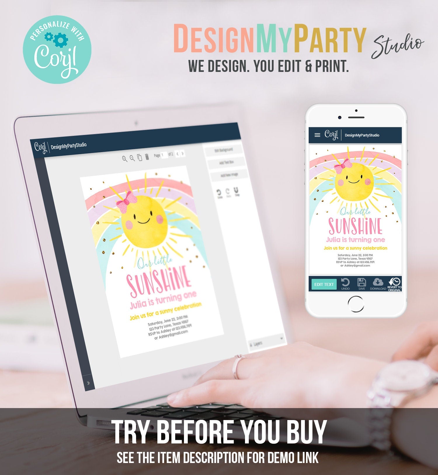 Editable Sunshine and Rainbow Birthday Invitation Pastel Rainbow Birthday Sunshine 1st Birthday Party Girl Download Corjl Template 0402