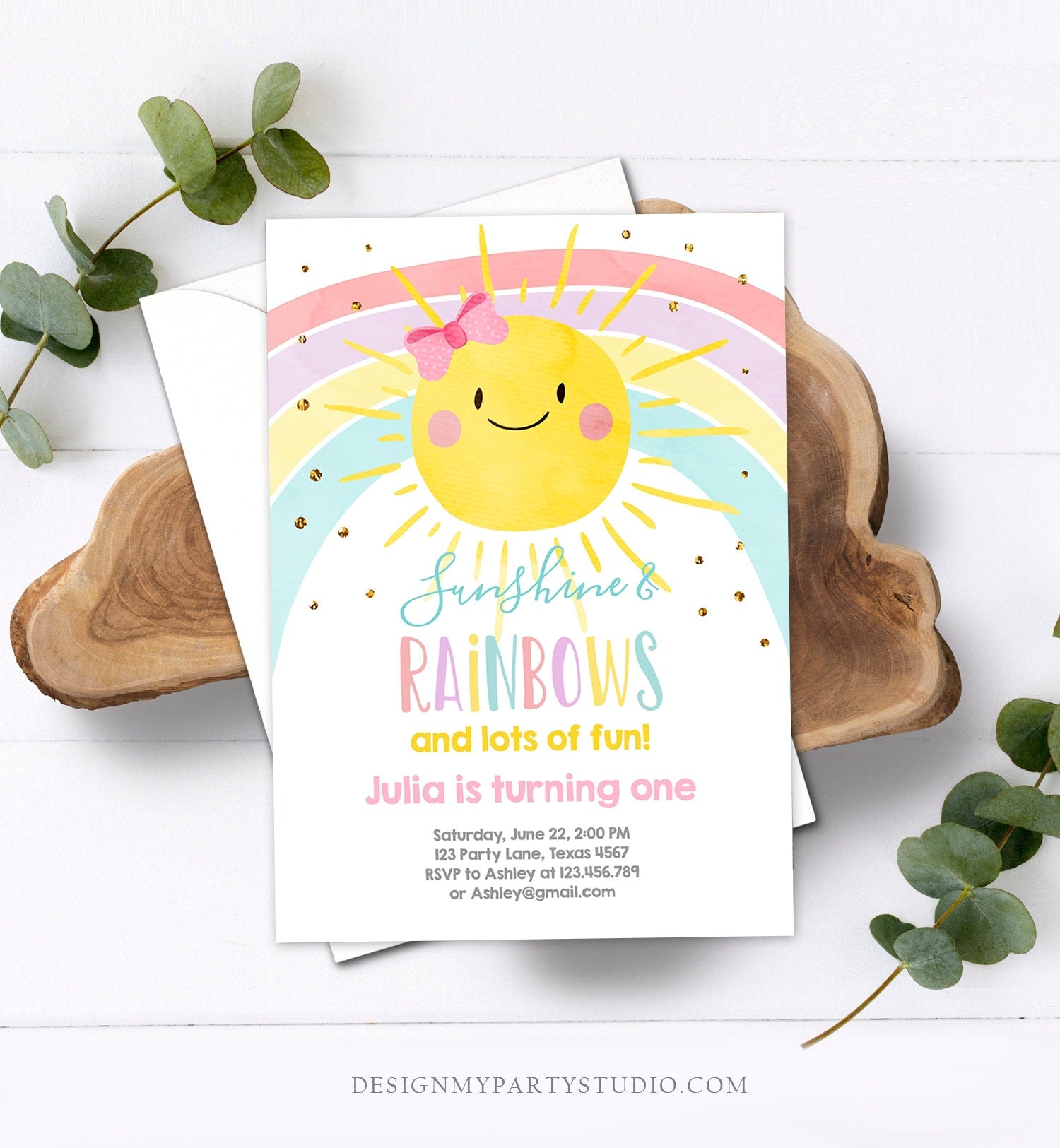 Editable Sunshine and Rainbow Birthday Invitation Pastel Rainbow Birthday Sunshine 1st Birthday Party Girl Download Corjl Template 0402