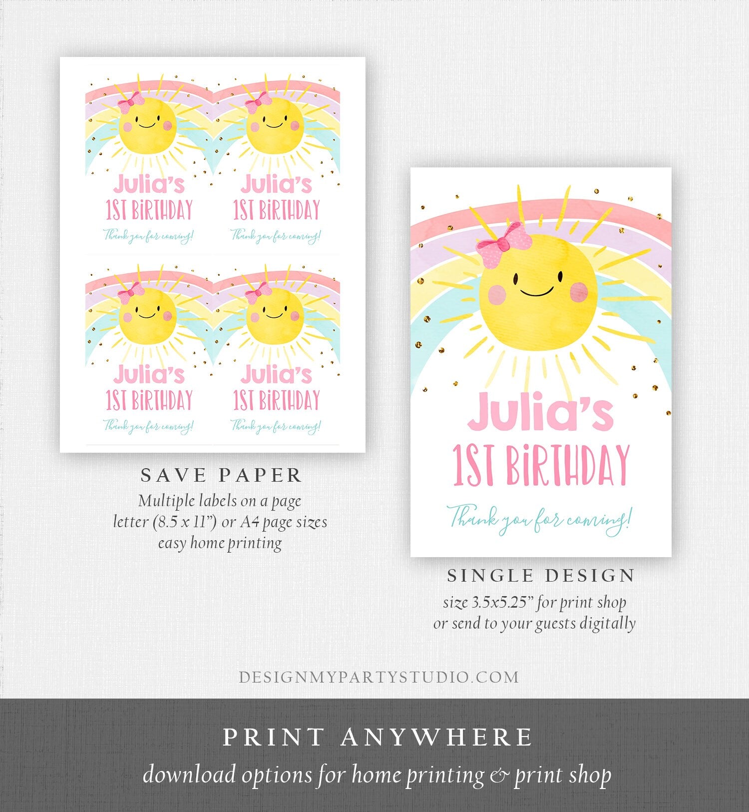 Editable Sunshine and Rainbow Capri Sun Labels Juice Pouch Labels Sunshine Birthday Girl Pink Gold Download Corjl Template Printable 0402