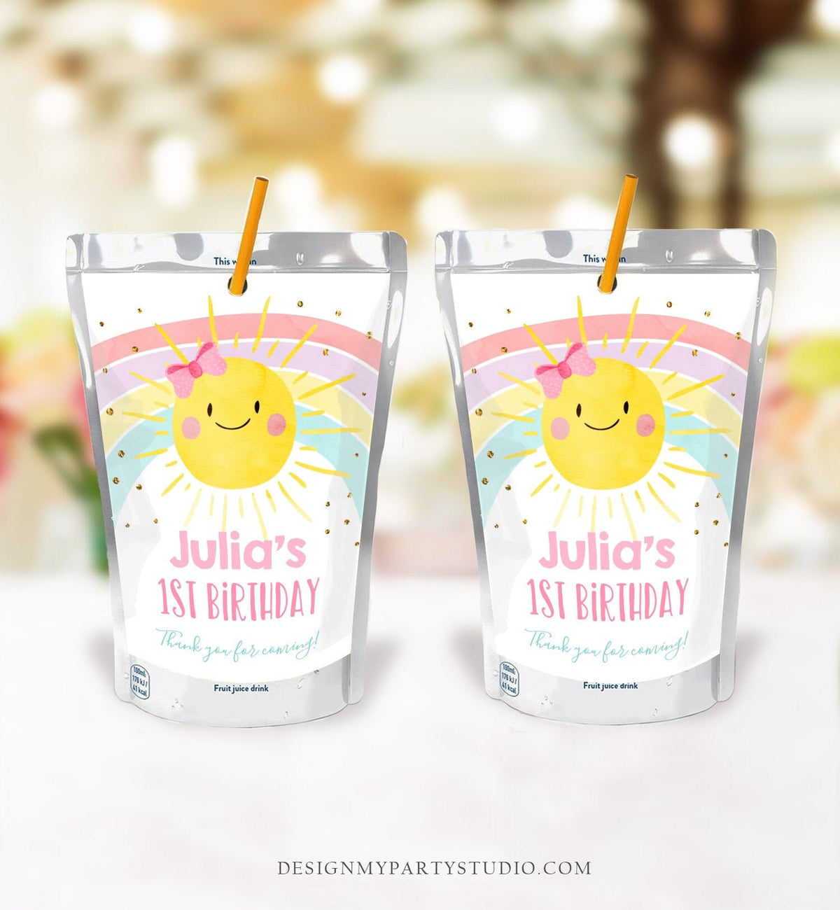 Editable Sunshine and Rainbow Capri Sun Labels Juice Pouch Labels Sunshine Birthday Girl Pink Gold Download Corjl Template Printable 0402