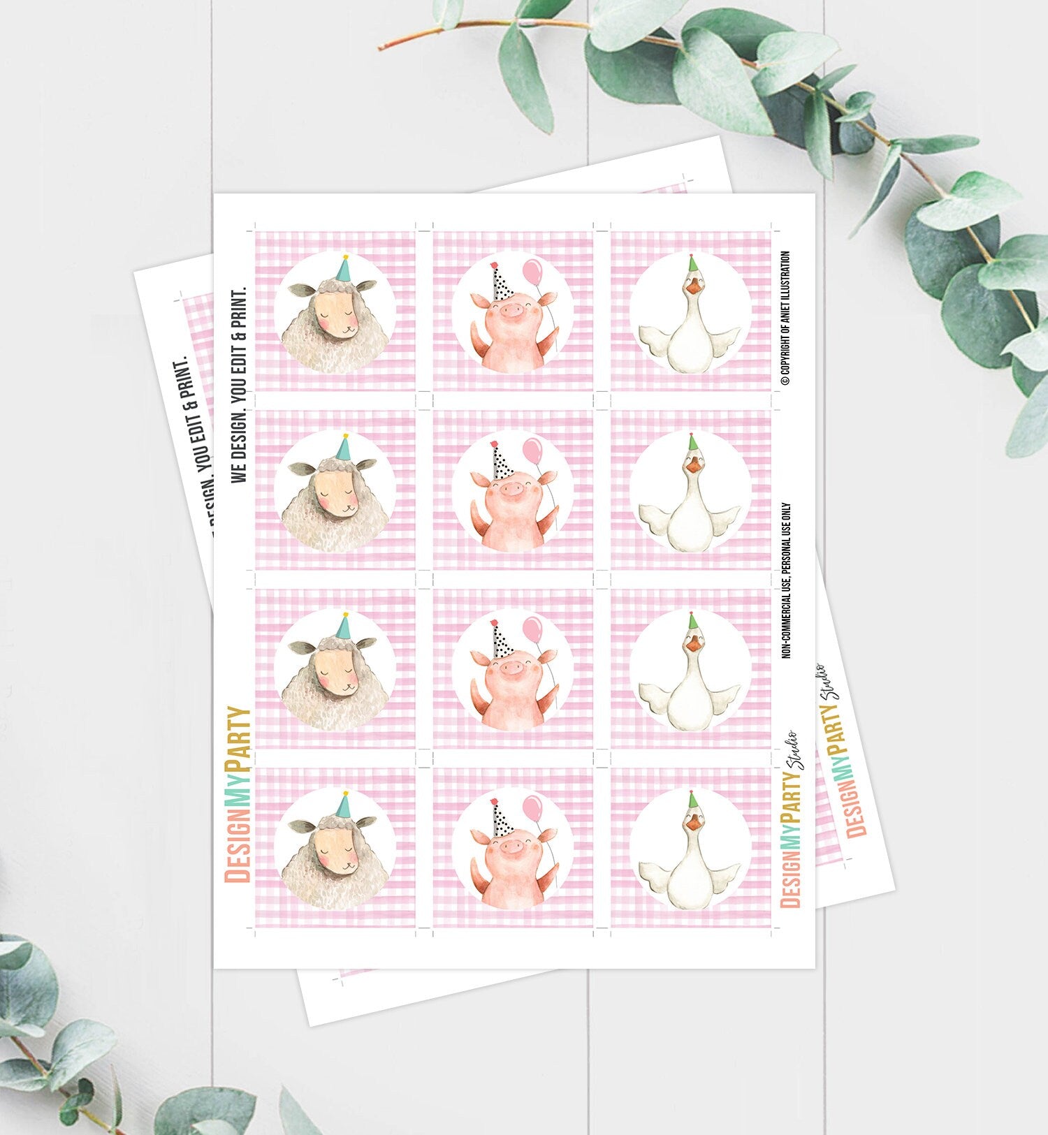 Barnyard Birthday Cupcake Toppers Favor Tags Farm Birthday Party Decoration Girl Farm Animals Pink Stickers download Digital PRINTABLE 0155