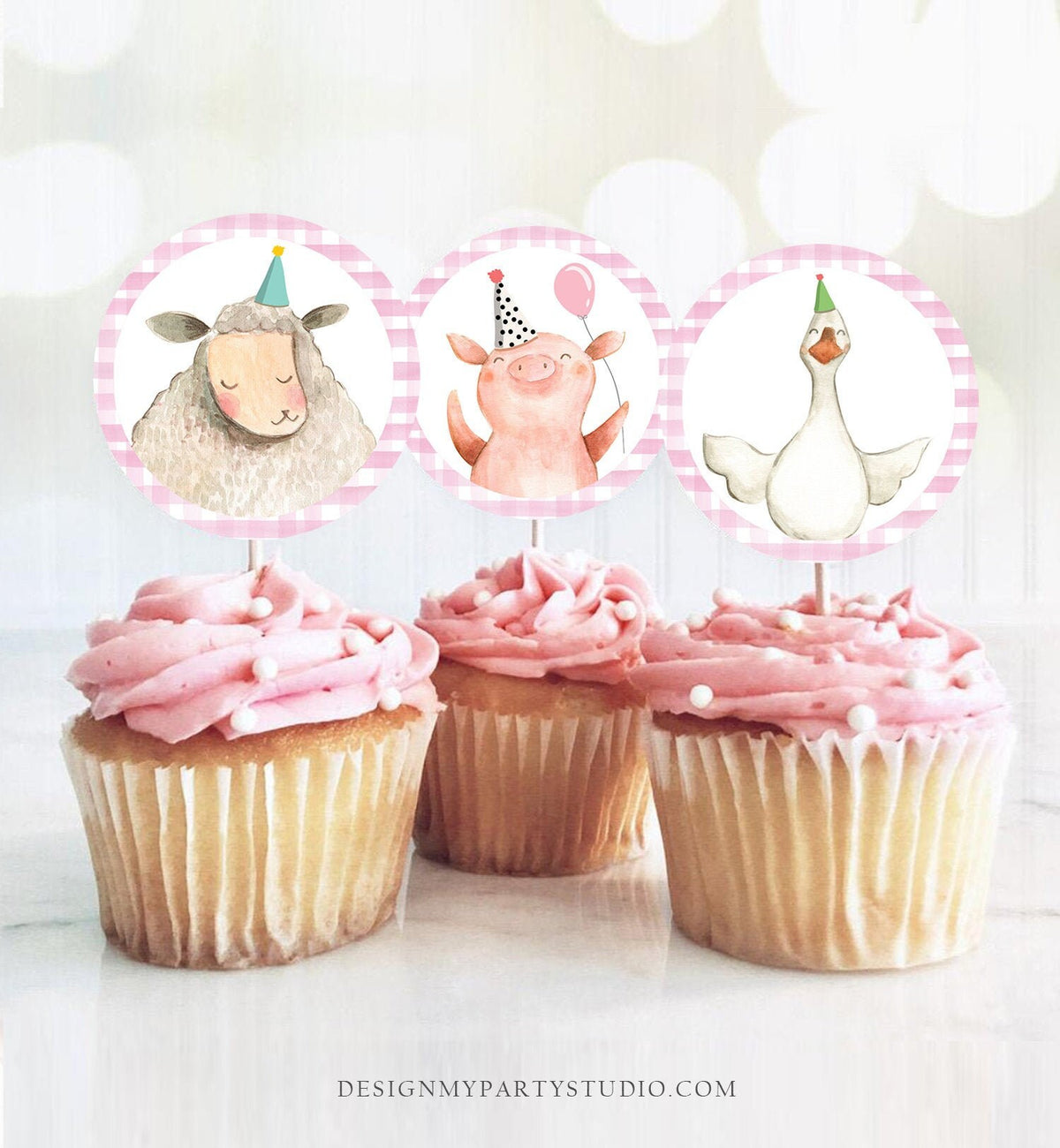 Barnyard Birthday Cupcake Toppers Favor Tags Farm Birthday Party Decoration Girl Farm Animals Pink Stickers download Digital PRINTABLE 0155