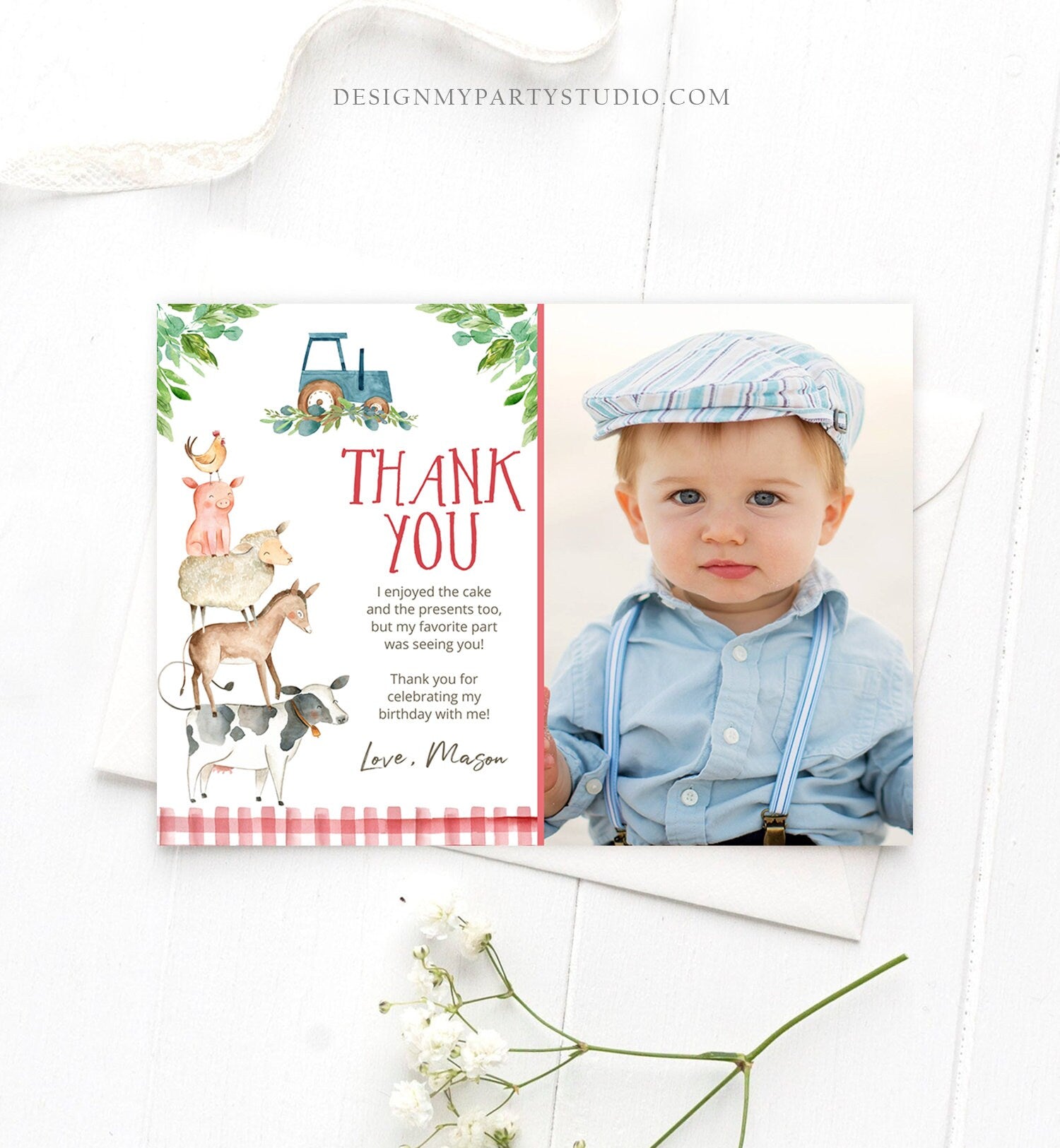 Editable Farm Animals Thank you Card Blue Tractor Farm Birthday Boy Barnyard Thank You Card Birthday Template Instant Download Corjl 0155