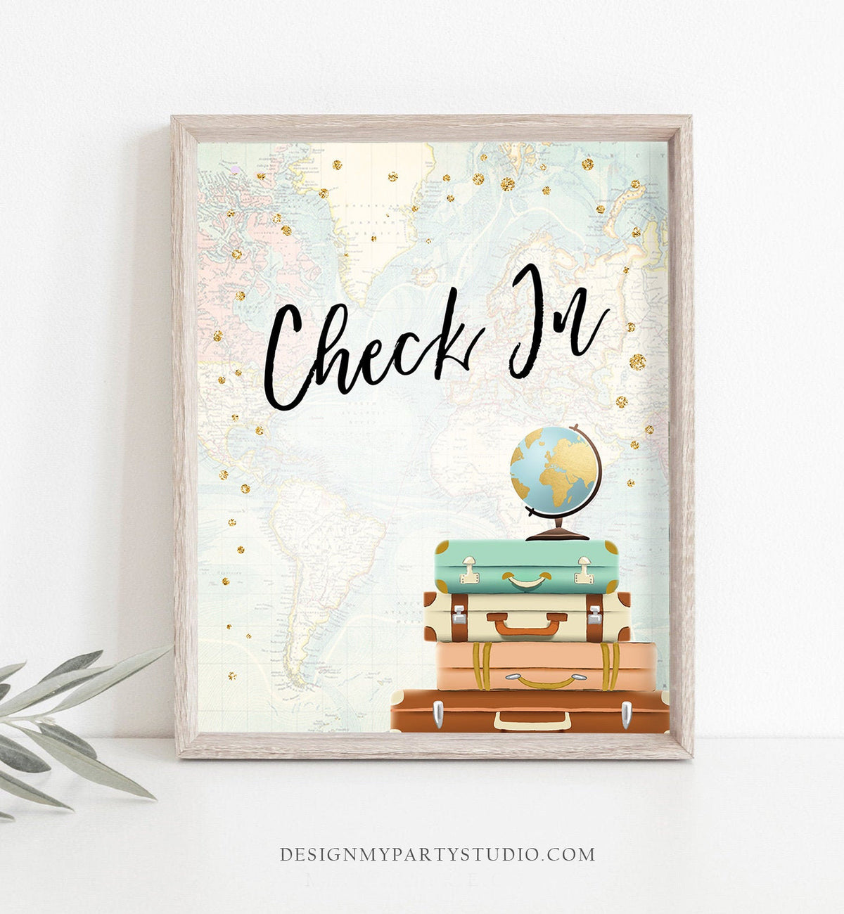 Check In Sign Bridal Shower Sign Travel Adventure Around the World Adventure Globe Suitcase Neutral Gold Instant Download Printable 0263