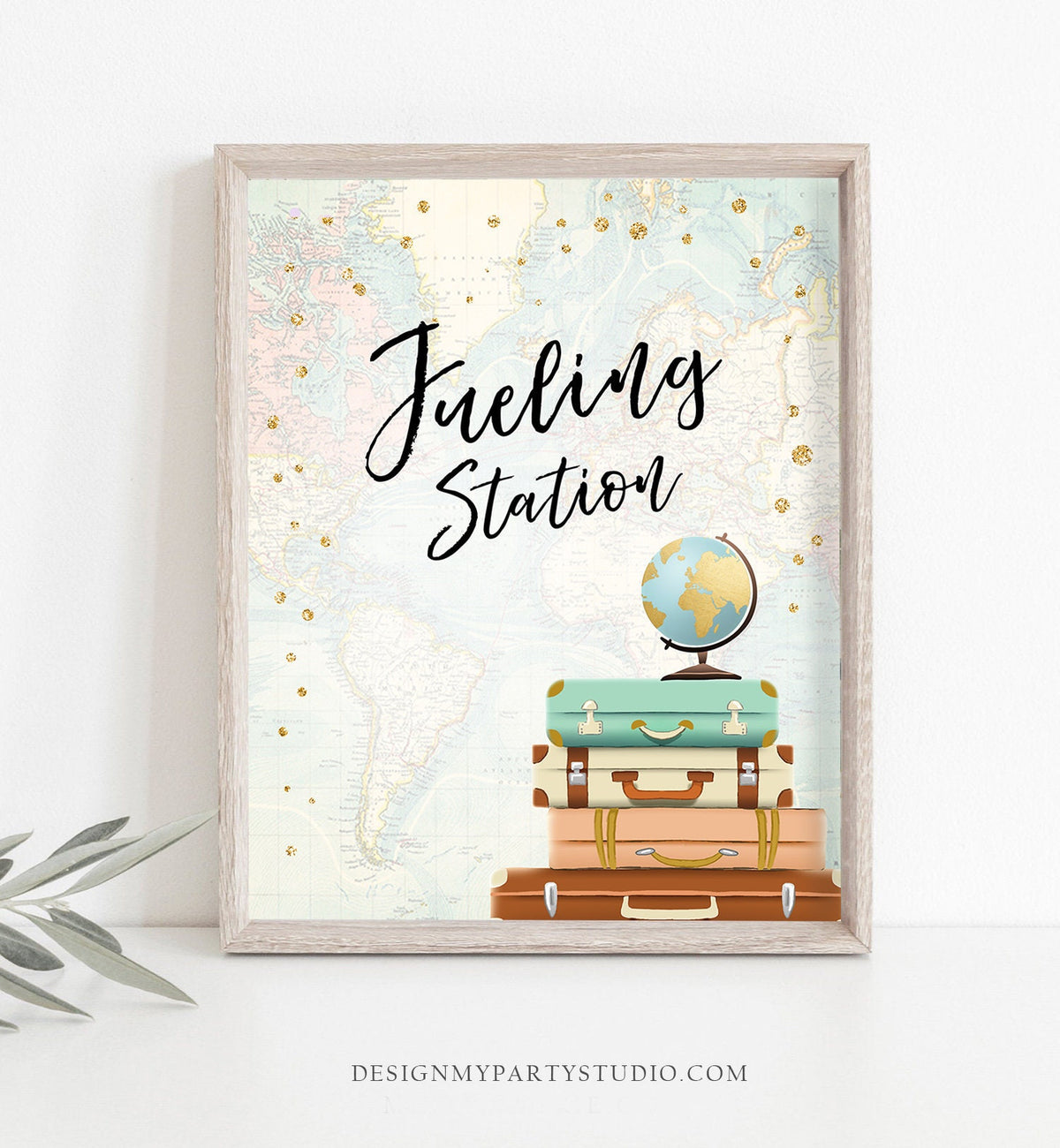 Fueling Station Sign Travel Adventure Bridal Shower Wedding Baby Shower Globe Suitcases Gold Neutral Instant Download Printable 0263