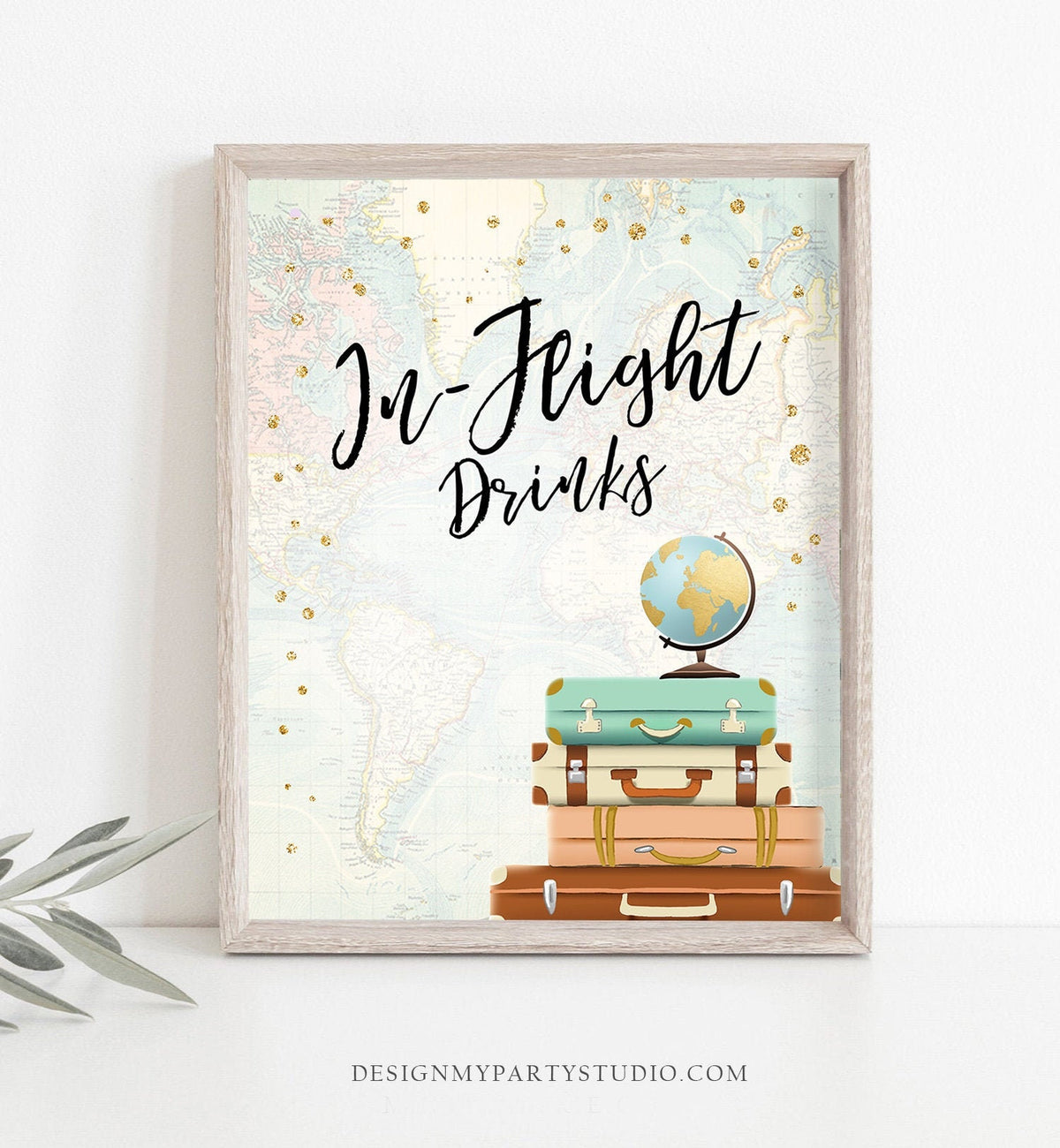 In-Flight Drinks Sign Travel Adventure Bridal Shower Wedding Traveling Baby Shower Globe Suitcases Gold Instant Download Printable 0263