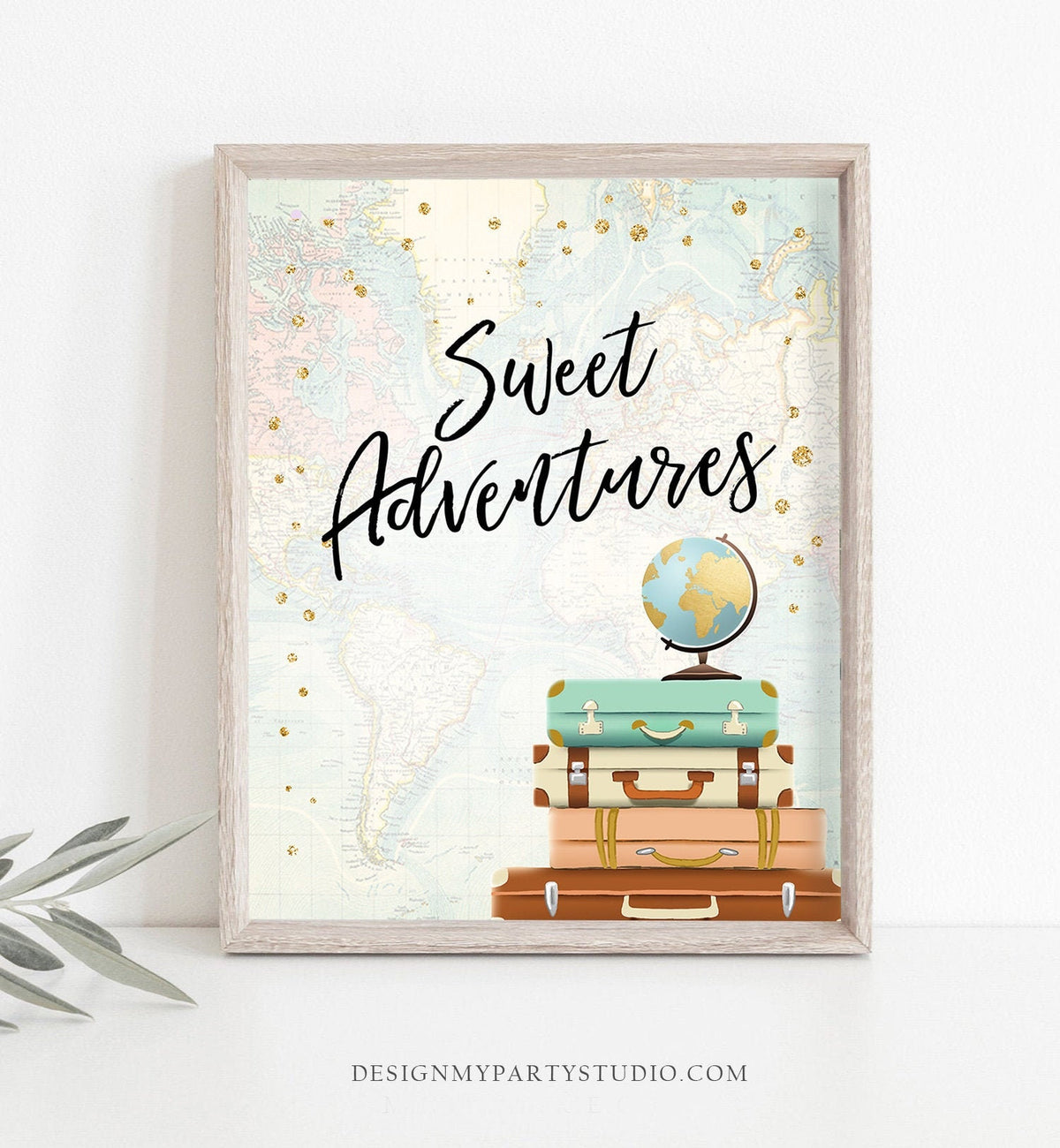 Sweet Adventures Sign Travel Adventure Bridal Shower Wedding Birthday Neutral Globe Suitcase Gold Confetti Instant Download Printable 0263