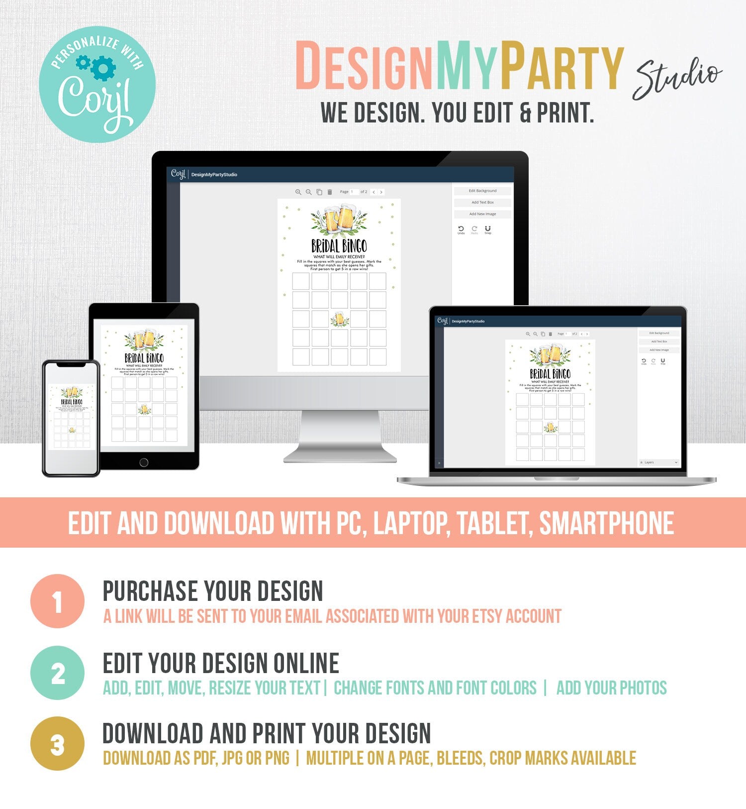 Editable Bingo Bridal Shower Game Wedding Shower Activity Love is Brewing Greenery Rustic Beer Couples Corjl Template Printable 0190