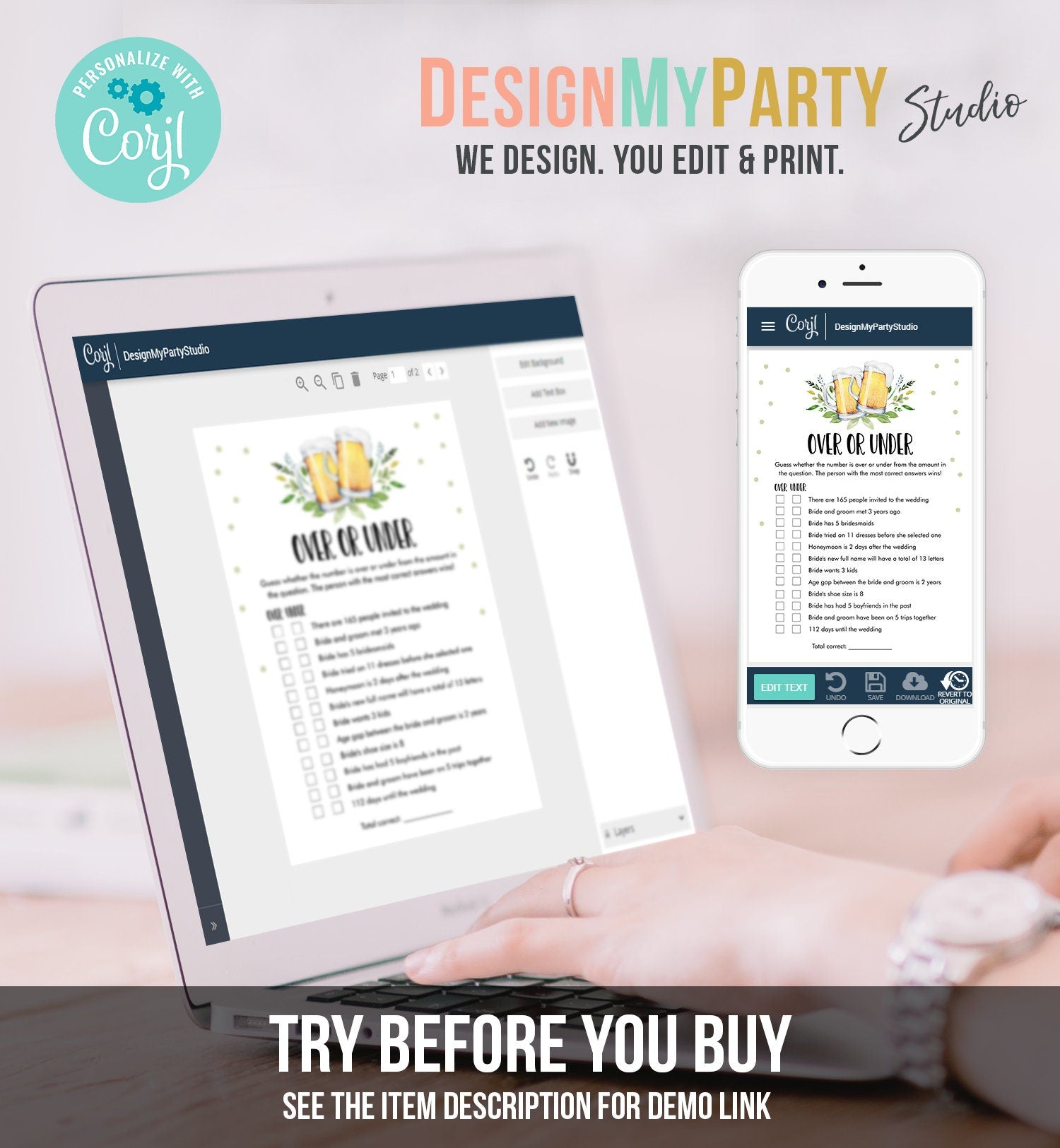 Editable Over or Under Bridal Shower Game Love is Brewing Greenery Beer Rustic Couples Wedding Activity Digital Template Printable 0190