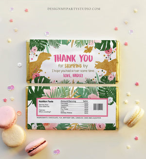 Editable Dinosaur Chocolate Bar Labels Candy Bar Wrapper Safari Tropical Gold Pink Girl Birthday Download Corjl Template Printable 0146