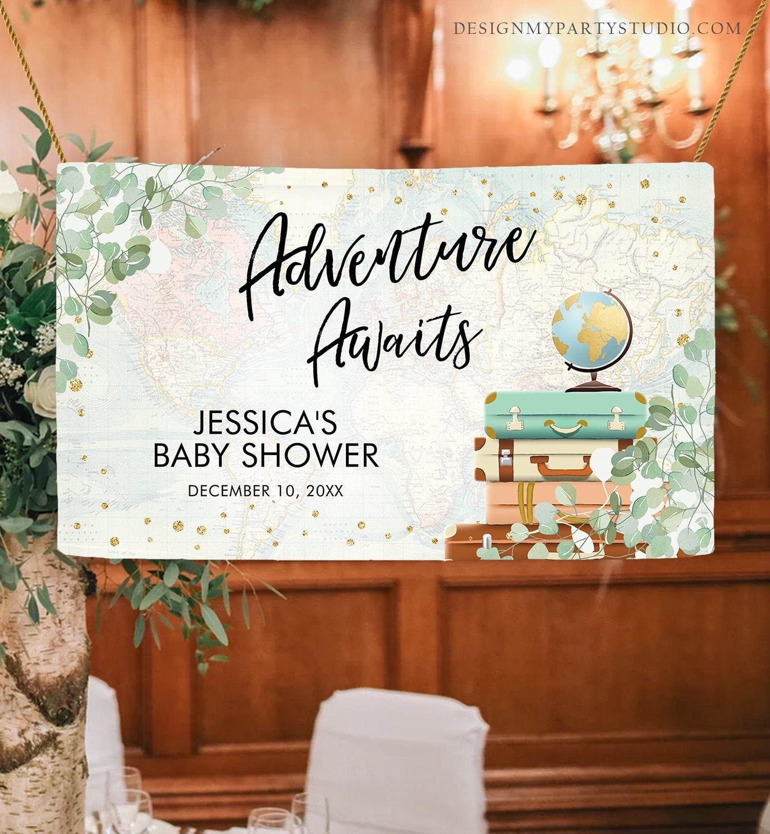 Editable Travel Adventure Awaits Backdrop Banner Welcome Baby Shower Decor Sign Eucalyptus Graduation Banner Digital Template Printable 0030